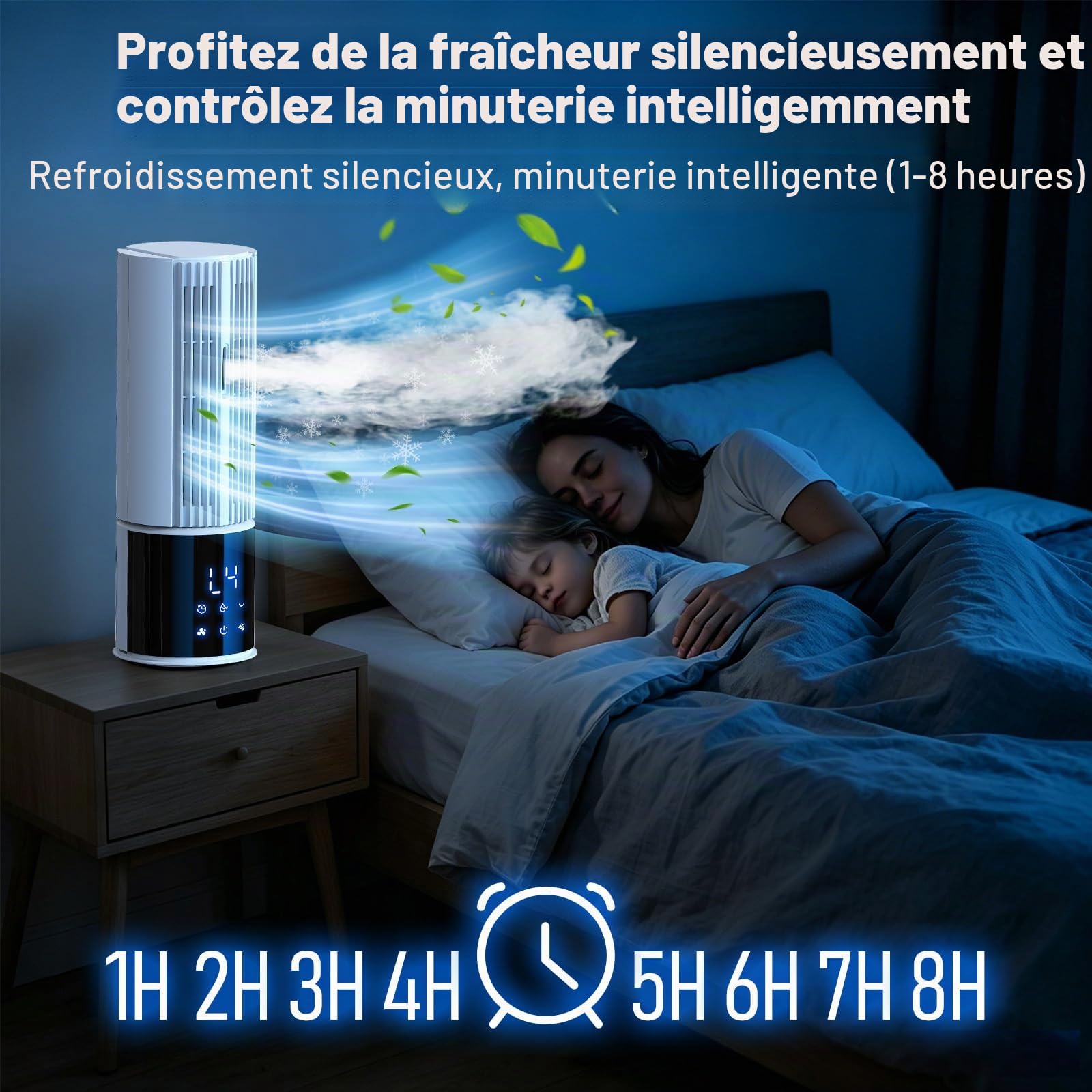 Climatiseur mobile 6en1, refroidisseur d'air avec 3 vitesses, mode turbo, soufflerie douce, fonction brume et minuterie (1-8 h), oscillation 45°/90°, parfait pour la maison et le bureau (Blanc clair)