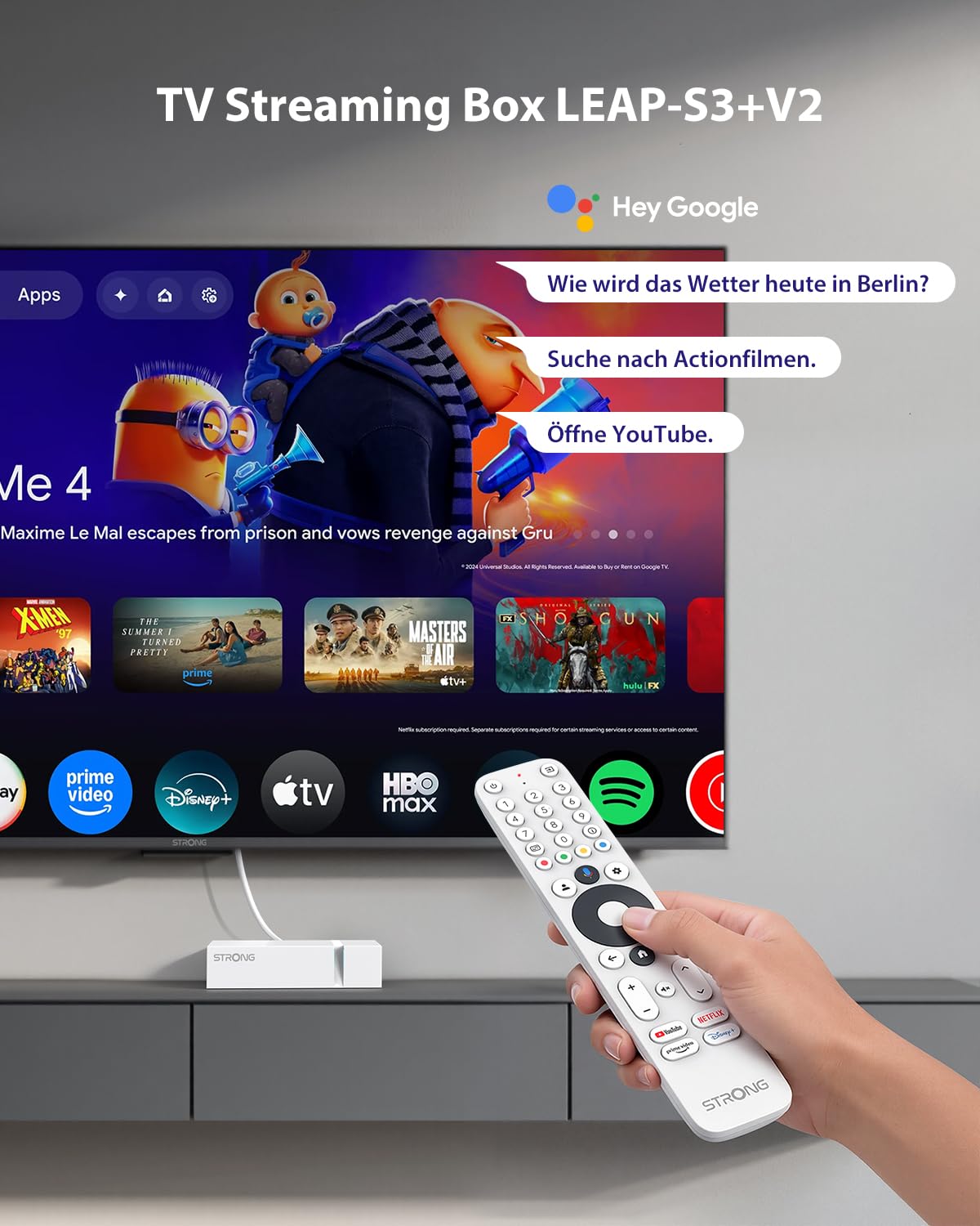 STRONG LEAP-S3+V2 Streaming Smart TV Box 4K UHD 2 GB RAM 16 GB Speicher HDR10+ Dolby Vision WiFi 5 BLE 5 Ethernet RJ45 Sprachassistent Weiß