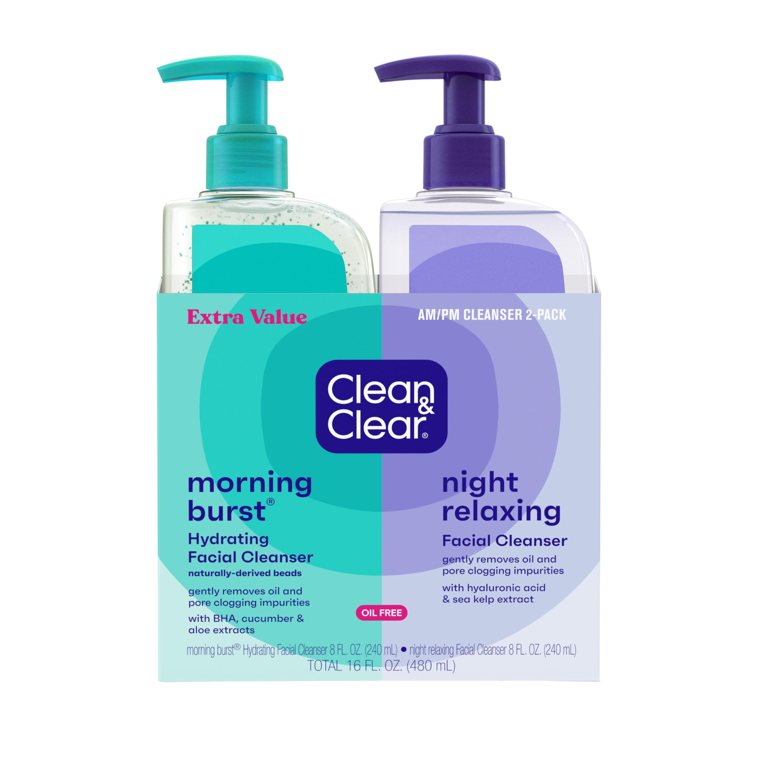 Clean & Clear Morning Burst® Hydrating Facial Cleanser and Night Relaxing Facial Cleanser, Deep Cleansing Face Wash, Oil-Free Daily Facial Cleanser, 2 Pack, 2 x 8 fl. oz