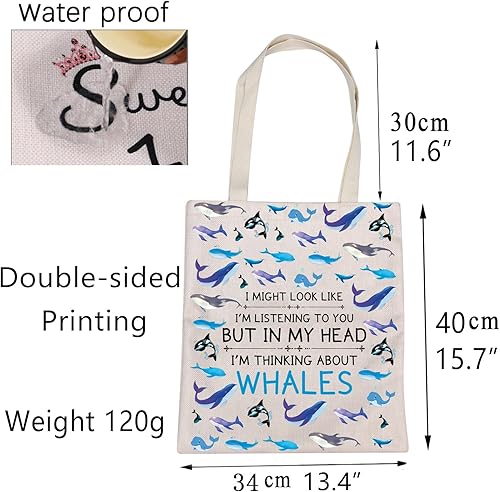 Miniatura 3 de CMNIM Bolsa de mano de ballena, regalos divertidos de ballenas para amantes de las ballenas, bolsa de lona I Might Look Like I'm Listening Thinking