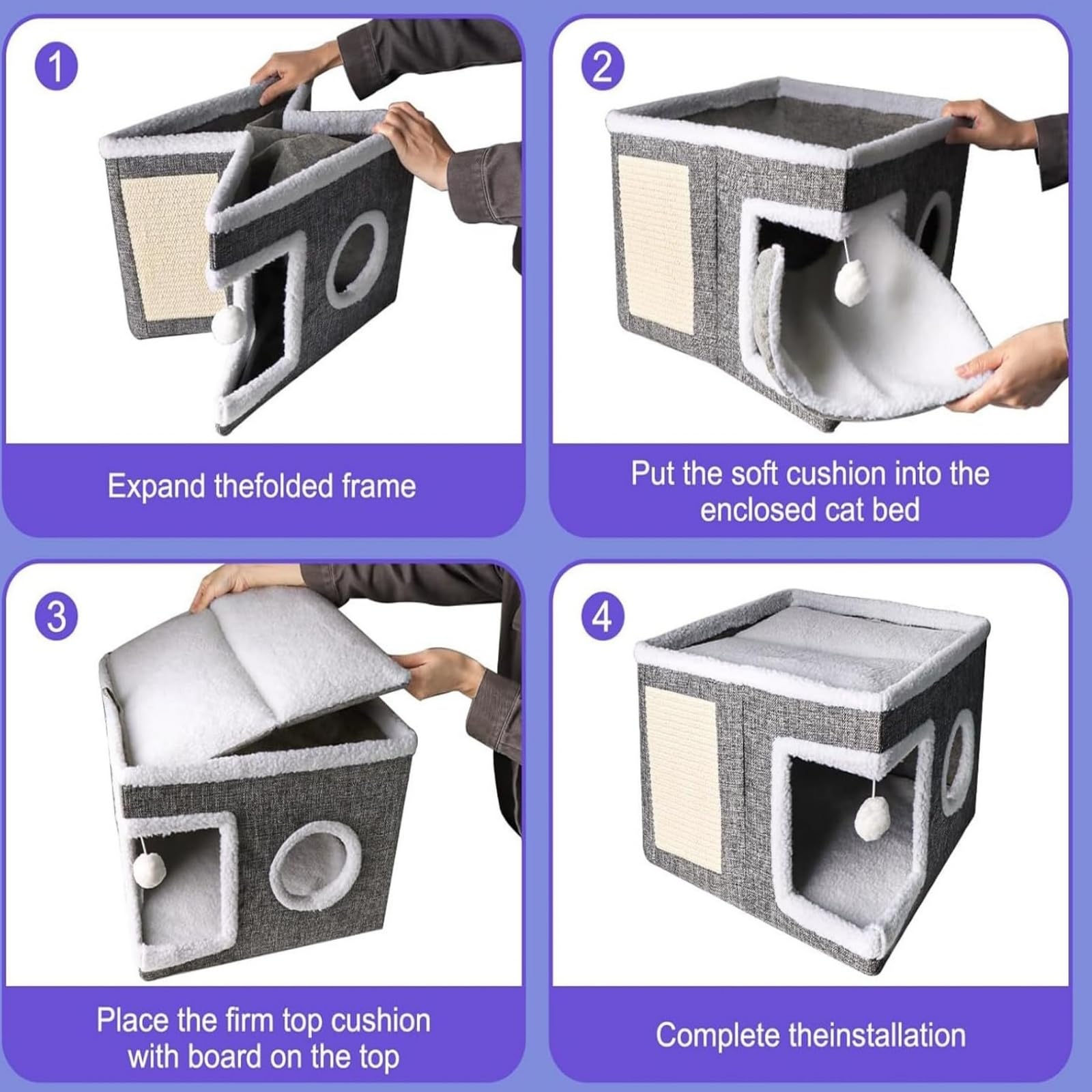 سرير قطط كبير للقطط الداخلية - كهف مريح مع وسادة خدش وكرة منفوشة، منزل قابل للطي للقطط الصغيرة، 39 × 39 × 32 سم، رمادي