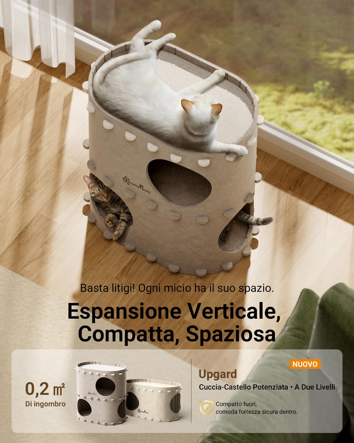 DownyPaws Cuccia per Gatti in Pelliccia, Letto a 2 Piani Casetta per Gatti 50x33x50 cm, Castello per Giocare, Design Accogliente, Protezione per le Unghie, Beige