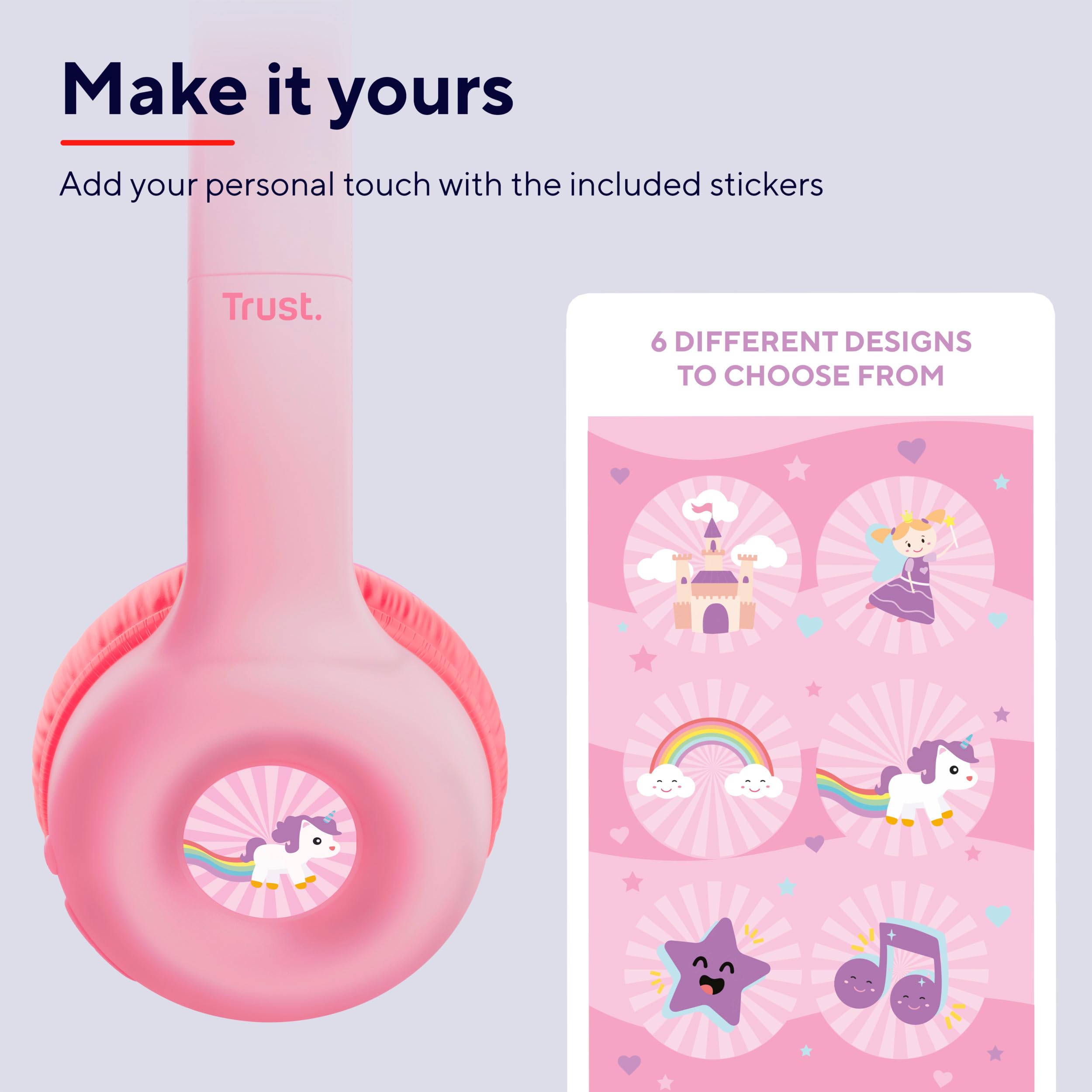 Trust Nouna Cuffie Bluetooth per Bambina 4-10 Anni con Limitazione del Volume (85dB), Cuffie On Ear Pieghevoli con Microfono e Adesivi, Cuffie Wireless, 15h di Riproduzione per Musica, Rosa