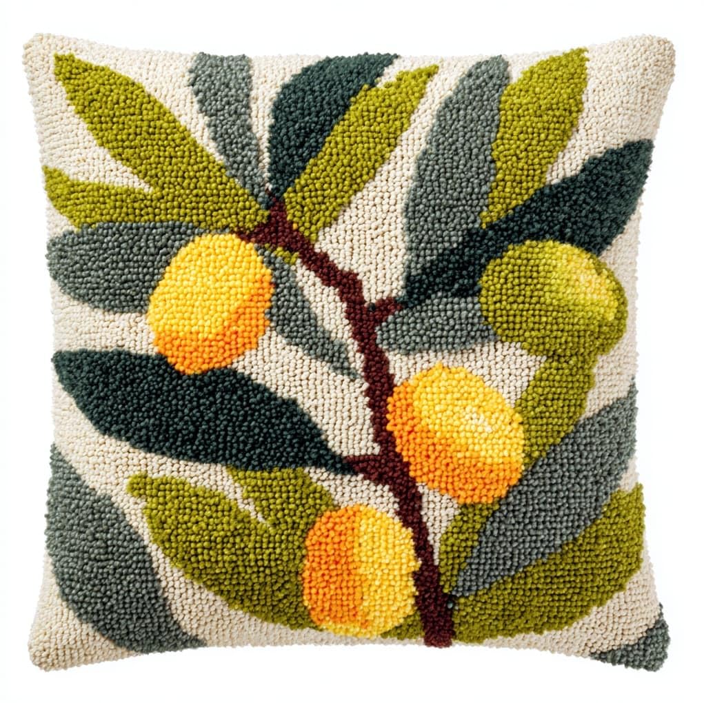 WallustrioaW Latch Hook Pillow Kits,Olive Branches and Fruits,DIY Craft Kit for Adults Latch Hook Pillow Case Includes Canvas,Yarn,Instructions,17x17in