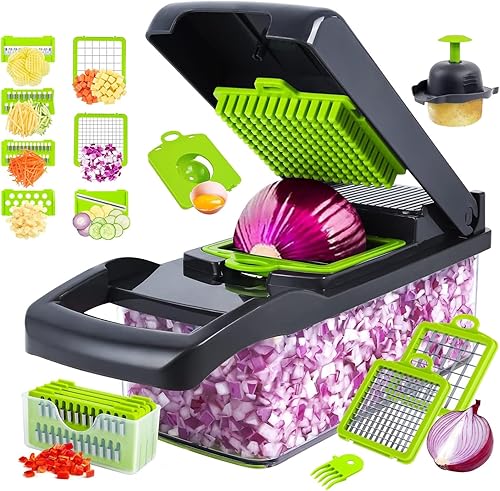 Miniatura 1 de Cortador de verduras, multifuncional 13 en 1 rebanador de alimentos para cocina. Cortador de verduras con 8 cuchillas y recipiente para ensalada,