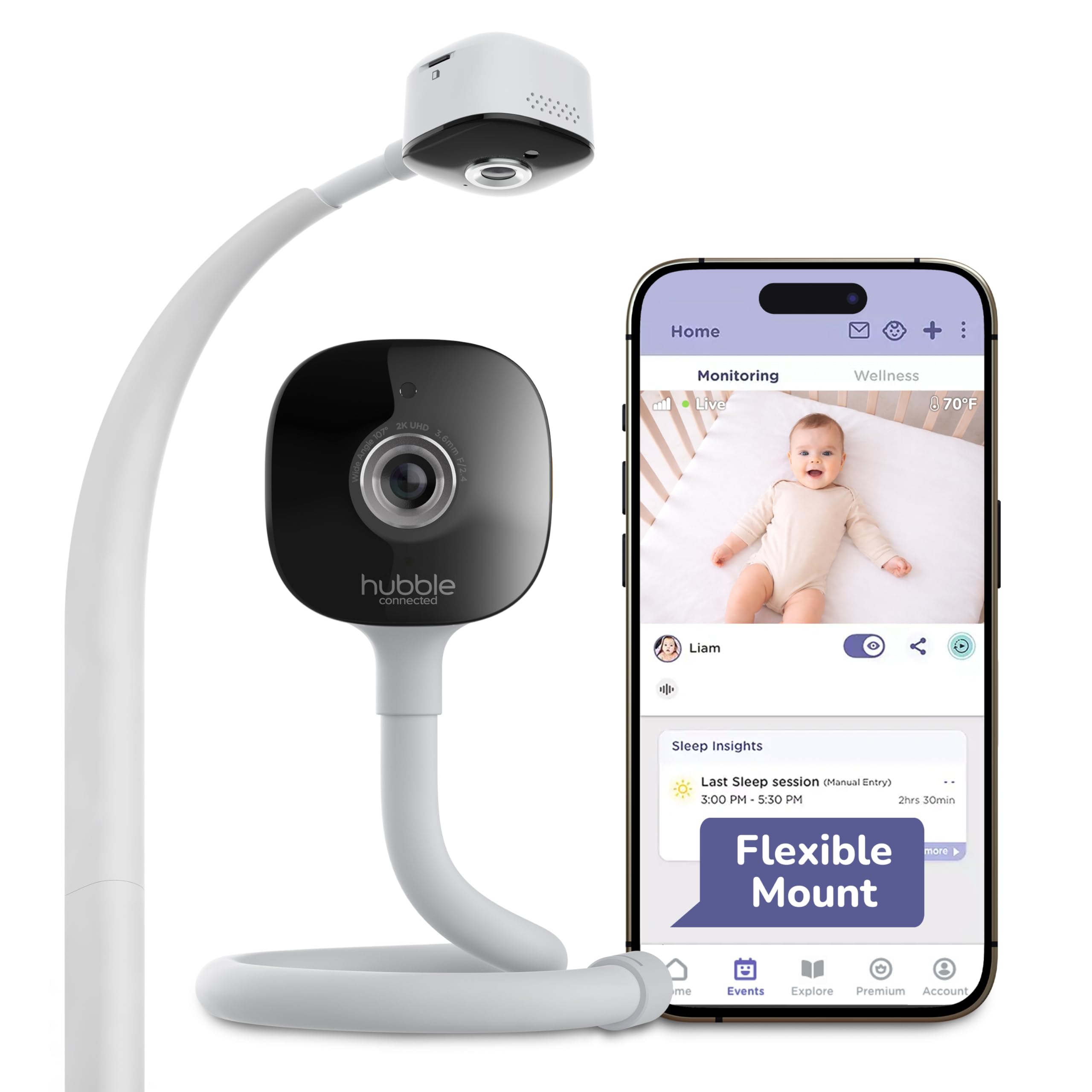 HUBBLE CONNECTED GoBaby AI - 2K HD Baby Monitor Camera w/Advanced AI Monitoring, Covered Face & Rollover Detection, True Cry Alerts, Sleep Training &