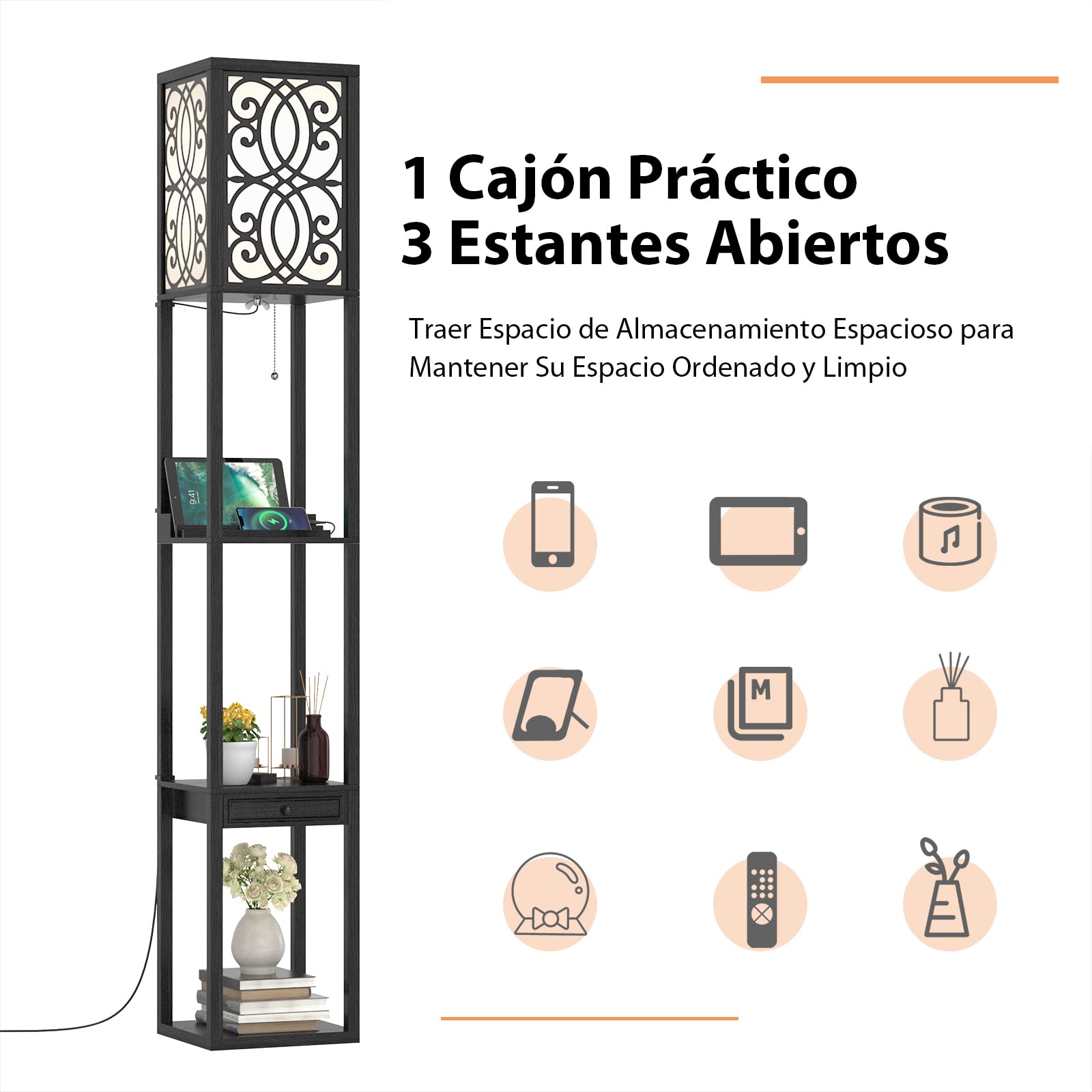 COSTWAY Lámpara de Pie con 3 Estantes y Cajón, Lámpara Moderna con 2 Puertos USB, para Salón y Dormitorio (flores)