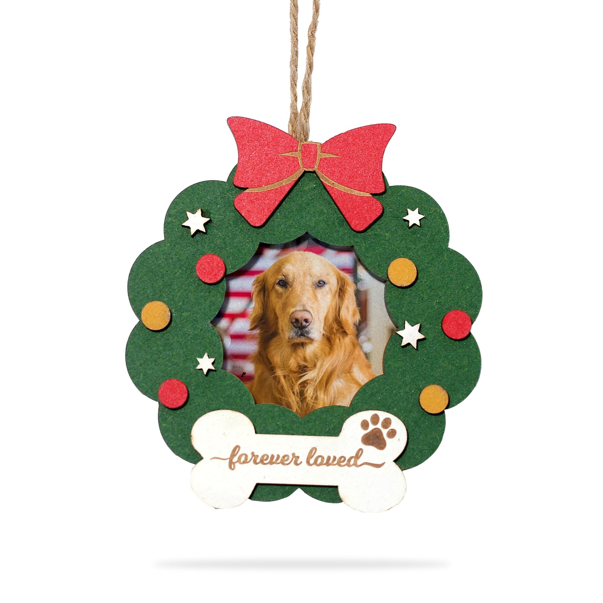 Pet Photo Frame Wreath Christmas Ornaments, Forever Loved Photo Frame Ornaments, Keepsake for Dog Lover, Pet Memorial Ornaments. (OCP-003)