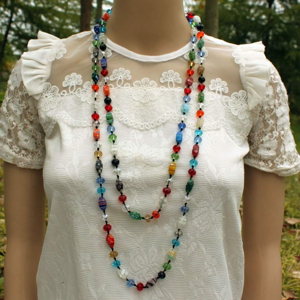 DOLON 60 Inch Waterproof Hand Knotted by Colorful Rainbow Murano Glass Crystal Beads Statement Strand Long Necklace Versatile Multi Layer - Image 2