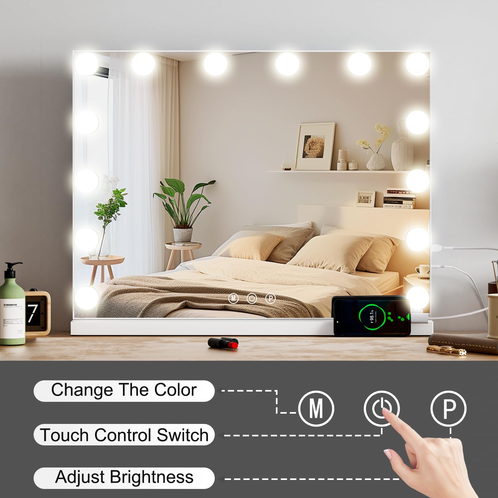 Hollywood Specchio Trucco con Luci, 50x40cm Specchio LED con 14 Lampadine Dimmerabili, 3 Modalità, USB e Ingrandimento 10x, Controllo Tattile, Tavolo o Supporto da Parete per Camera da Letto