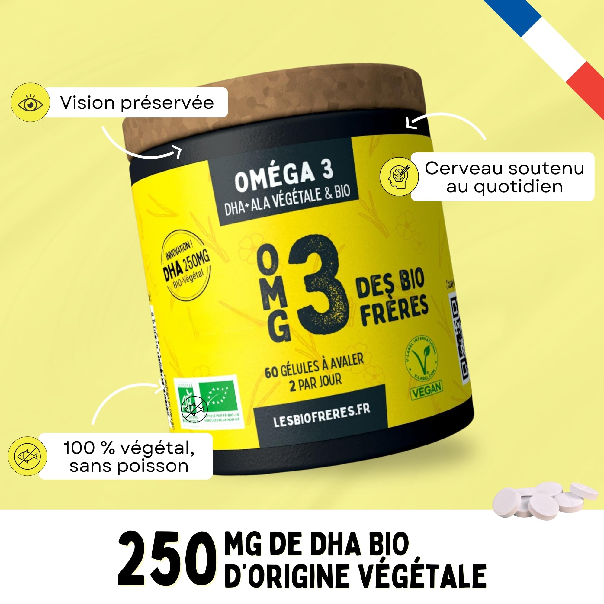 Oméga 3 Vegan & Bio - 250 mg DHA + 200 mg ALA - Microalgue & Huile de Lin Française - Cerveau & Vision - 1er DHA Certifié Bio - Fabrication Française - Cure 1 Mois (60 Gélules)