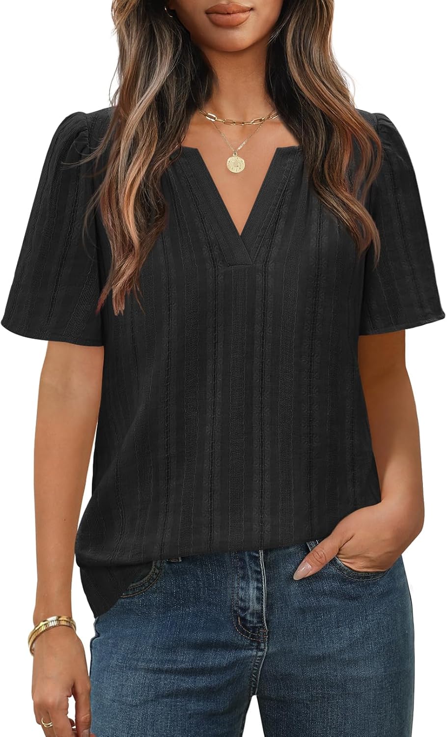 MEROKEETY Women's Summer Business Casual Blouse Tops Dressy Short Sleeve V Neck Loose Fit Work T Shirts - Image 2