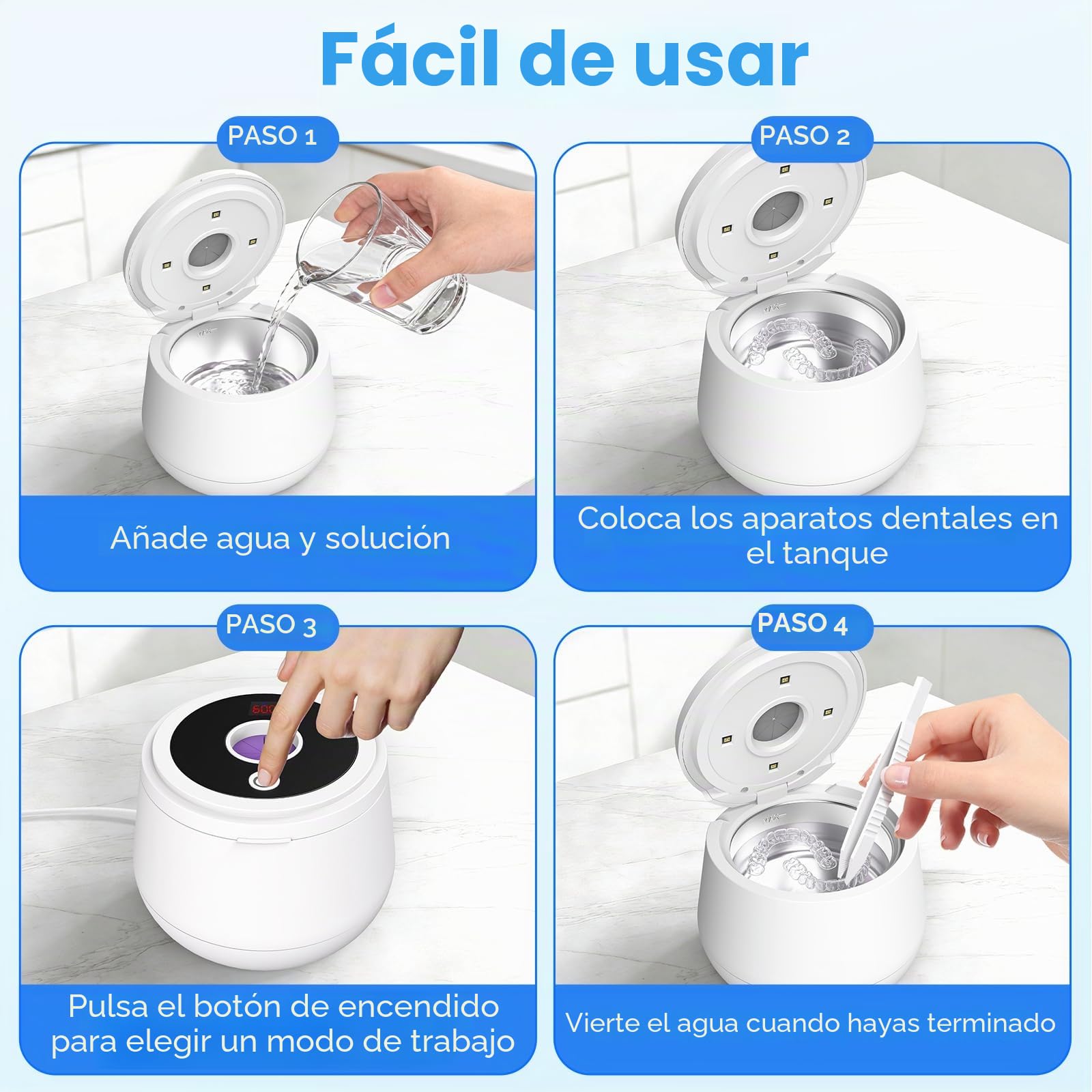 Limpiador de retenedores ultrasónico, 45 kHz, limpiador dental con cápsula y lámpara UV y 4 modos de limpieza, limpiador ultrasónico para joyas, alineador, protector nocturno, protector bucal