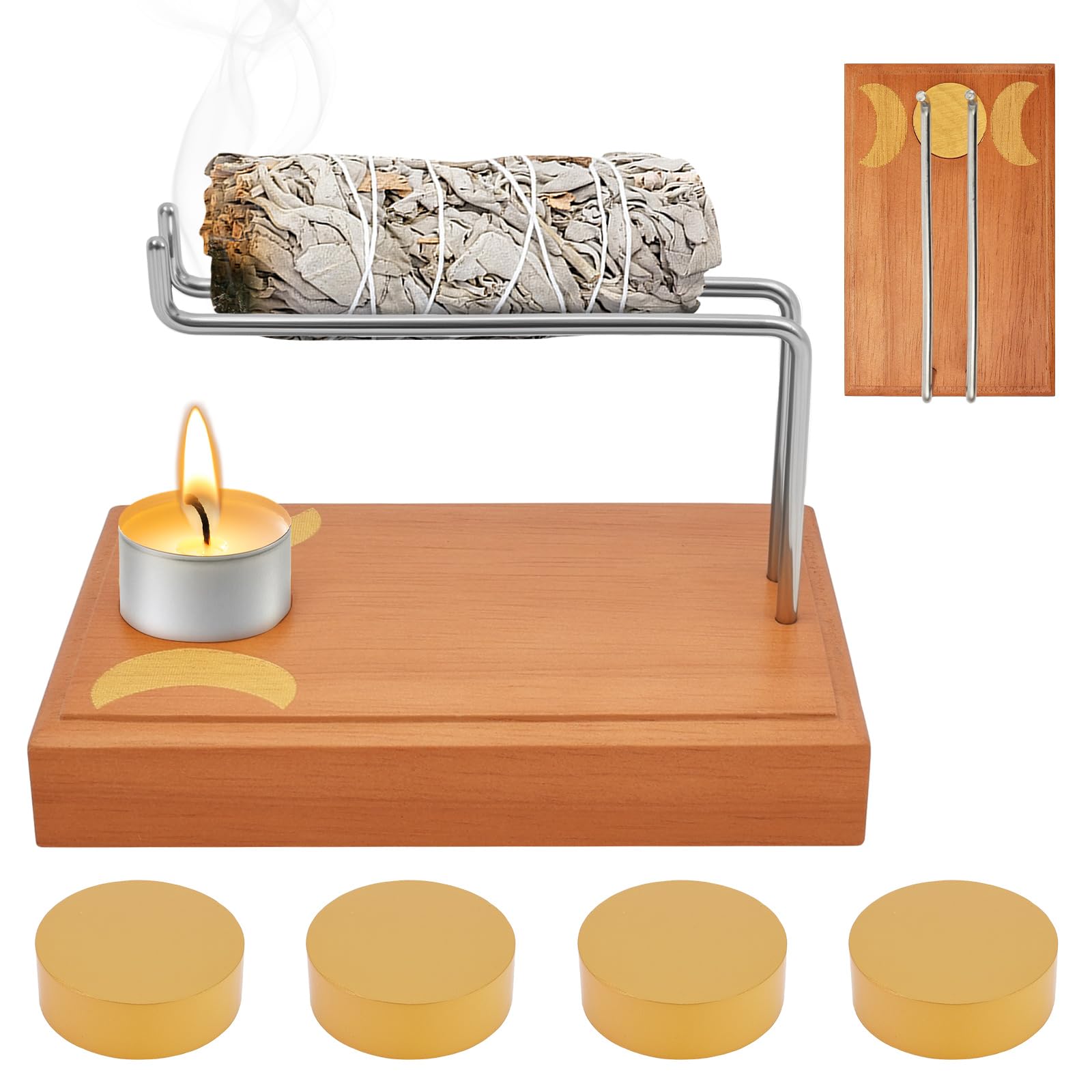Ghshanog Brown Incense Burner Holder,Palo Santo And Sage Holder,Metal & Wooden Sage Burner Stand,Decorative Palo Santo And Sages Burning Smudge Bowl For Home Decor, Meditation & Yoga