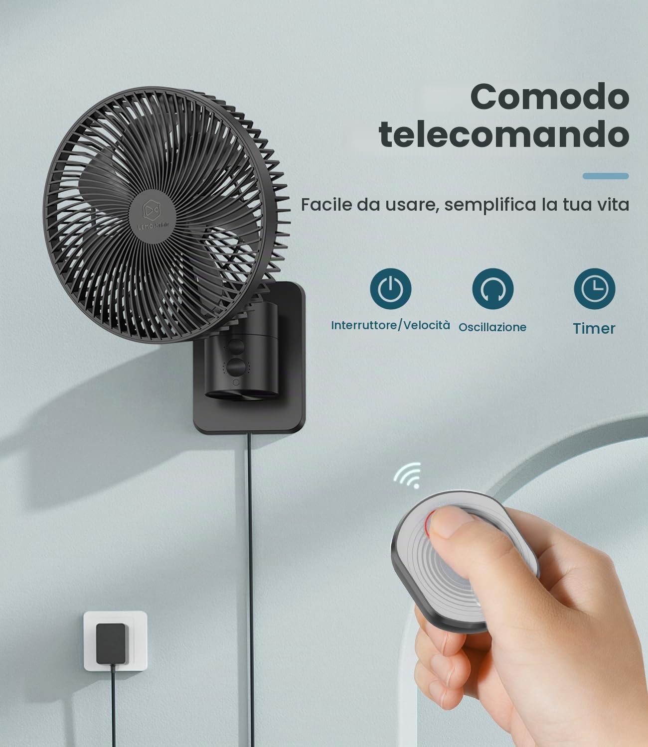 LEMOISTAR - Piccolo ventilatore da 20,3 cm con telecomando, oscillazione a 90°, 4 velocità, 4 timer, inclinazione regolabile, cavo da 70 pollici, silenzioso, per camera da letto ad angolo