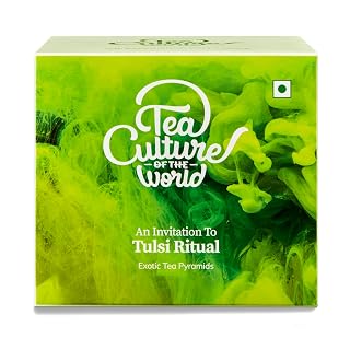 Tea Culture of The World Tulsi Green Tea - Tulsi Ritual | Ayurvedic Holy Basil Herbal Blend for Immunity & Detox | 16 Whole Leaf Exotic Pyramid Teabags, 32g