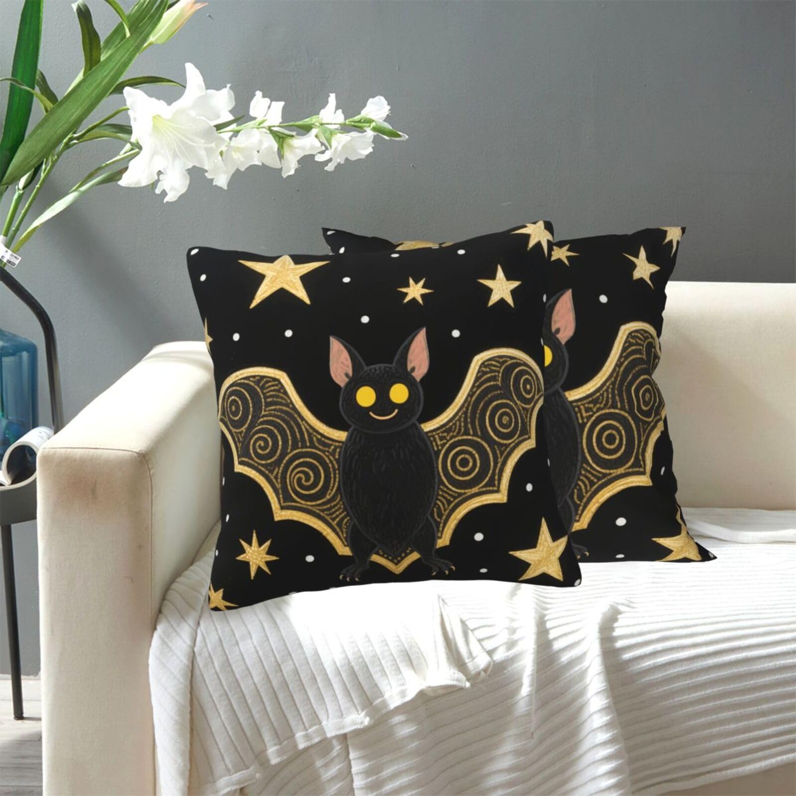 FekiLoot Decorative Throw Pillow Covers Modern Farmhouse Pillowcase Double Sided Cozy Cushion Cover for Sofa Couch Bed 16"X16" Black Gloden Bat