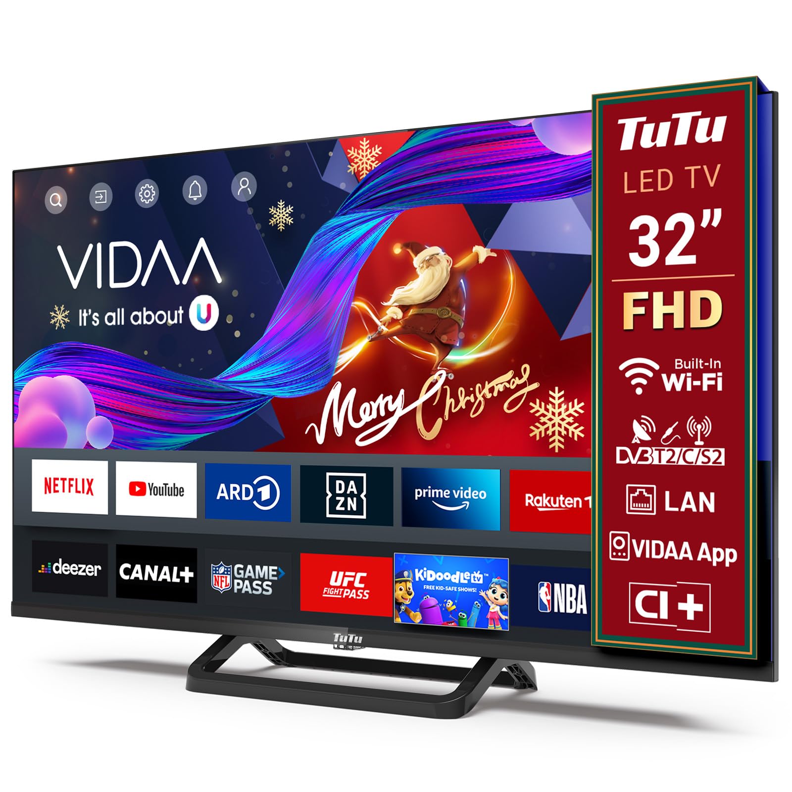 TuTu TUV32FN1B Smart TV 32 Pollici Full HD, LED Televisori con Wi-Fi, Bluetooth 5.0, App Store, Triple Tuner (DVB-T/T2, DVB-C, DVB-S/S2), HDMI, USB, Base Centrale [2024]
