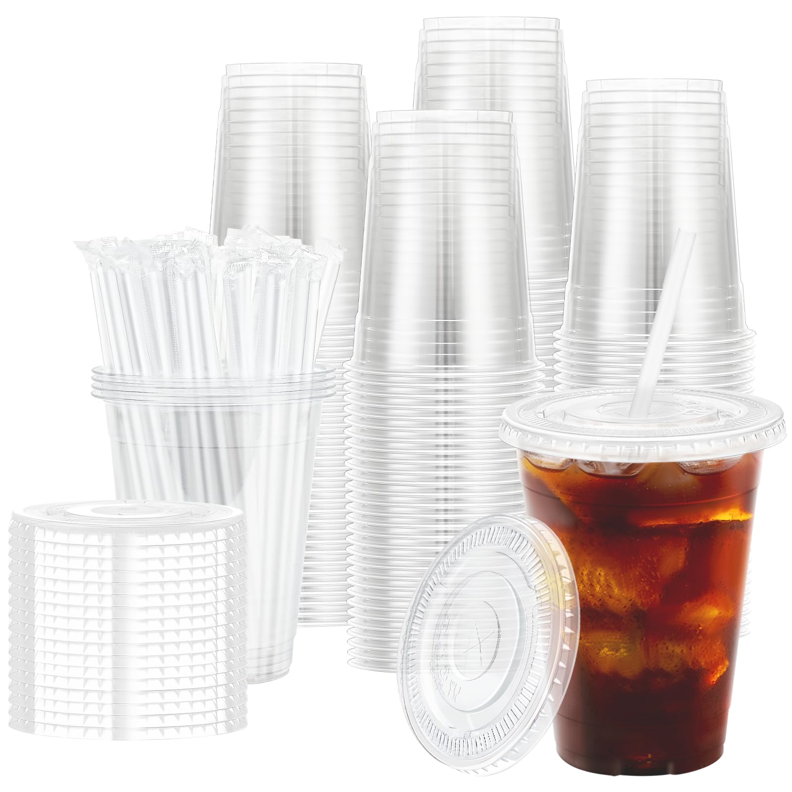 BYSNOW 16 oz 100 Pack Clear Plastic Iced Coffee Cups with Lids