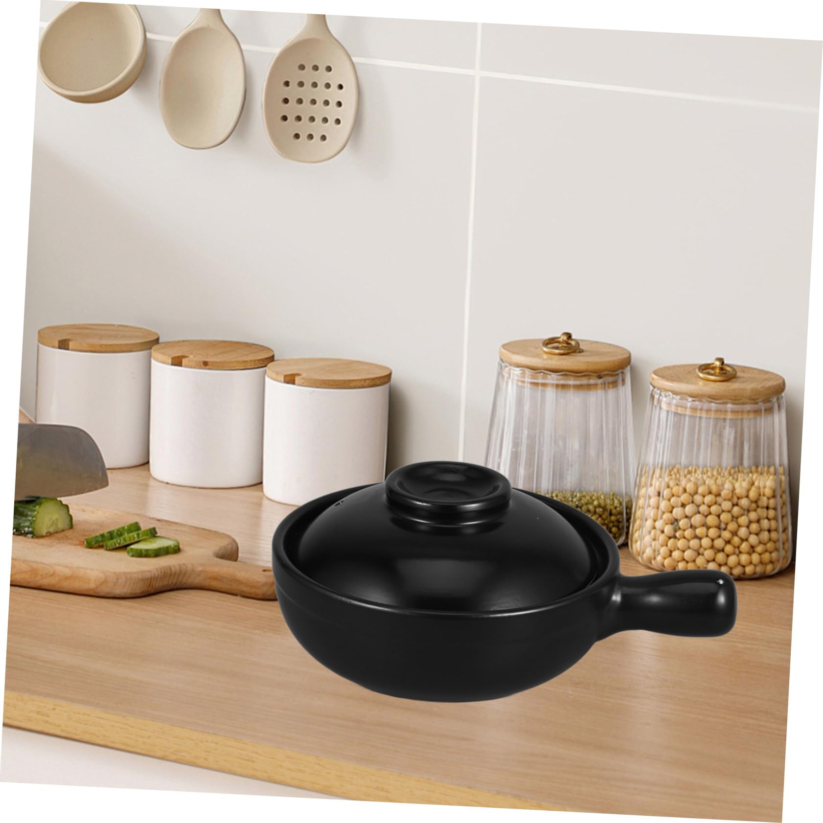 Cazuela de Barro Sola Asa 900ml con Tapa, Cerámica Negra | Recipiente Profundo para Gachas y Guisos, Uso Comercial y Microondas, Fácil de Limpiar