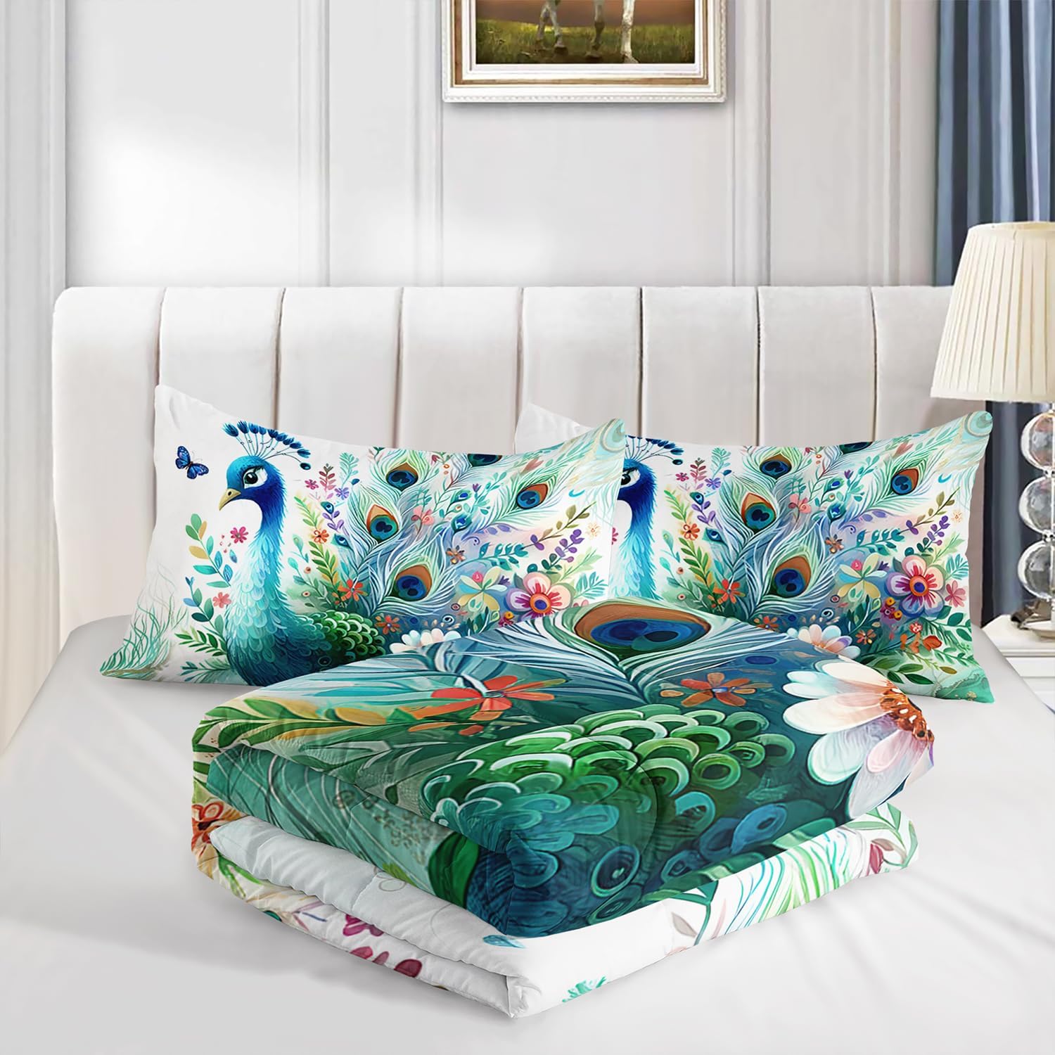 Teal Blossom Peacock Animal Themed Comforter 3Pcs Full Flower Butterfly Bedding Set for Kid Teen Girl Boy Adult Room Decor Watercolor Feather Botanical Quilt with 1 Comforter and 2 Pillowcases