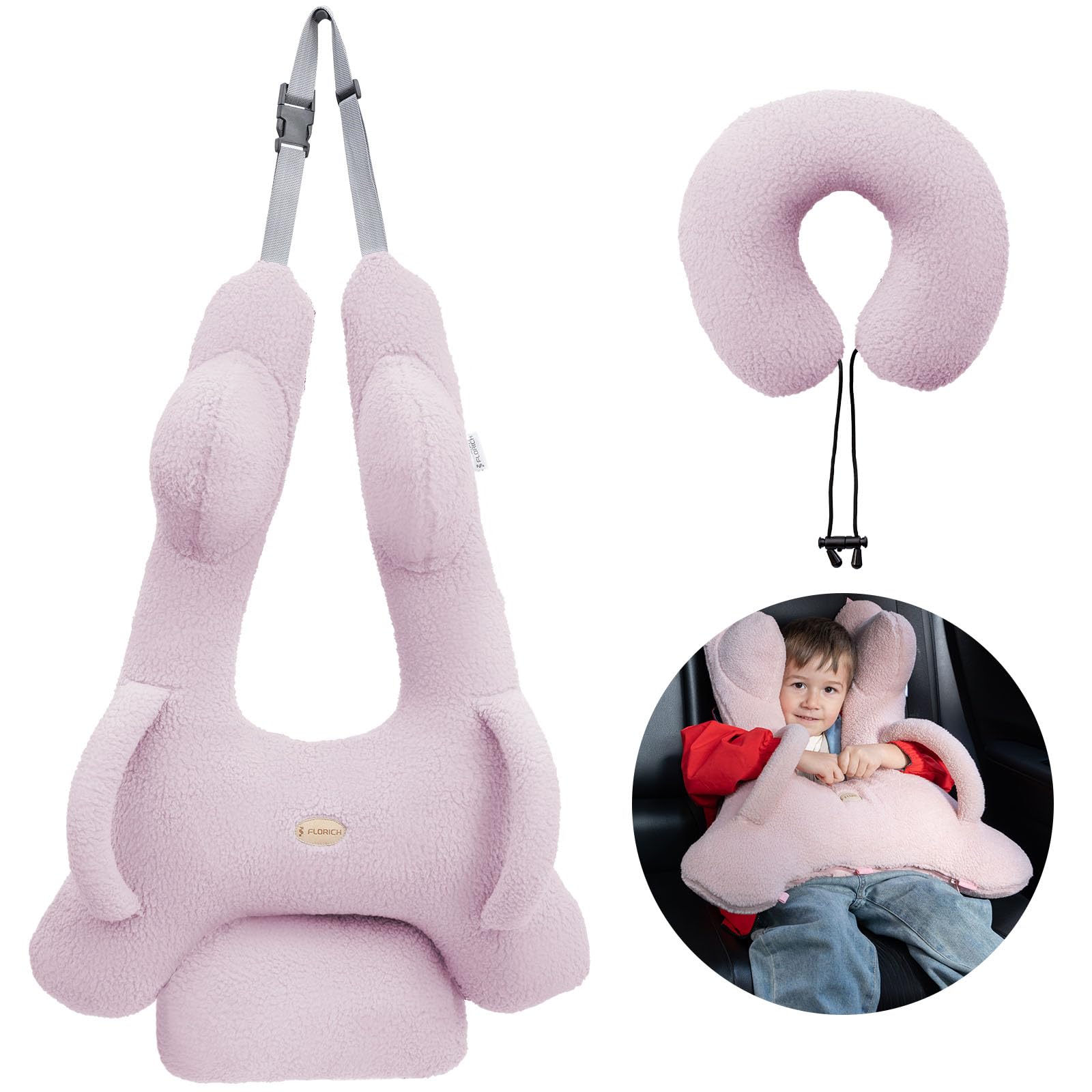 FLORICH Cuscino Auto Bambini a Forma di H, Cuscini Viaggio Bambini, Lavabile e Traspirante con Cuscino per il Collo e Coperta per Bambini e Adulti per le Vacanze in Auto (Rosa01)