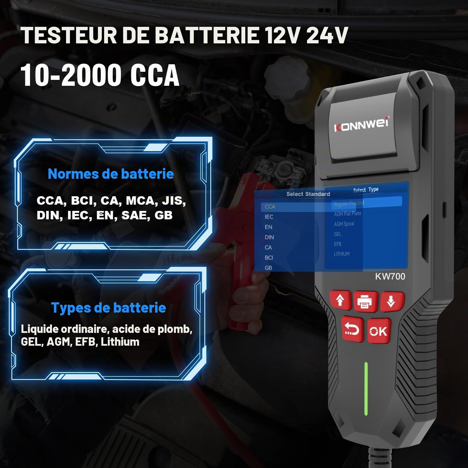 KONNWEI KW700 Testeur Batterie Auto 12V/24V avec Imprimante, Analyseur Batterie Digital pour Voiture, Camion, Moto, AGM/GEL/EFB/Lithium, CCA/EN/DIN, Start-Stop, Diagnostic Charge & Démarrage