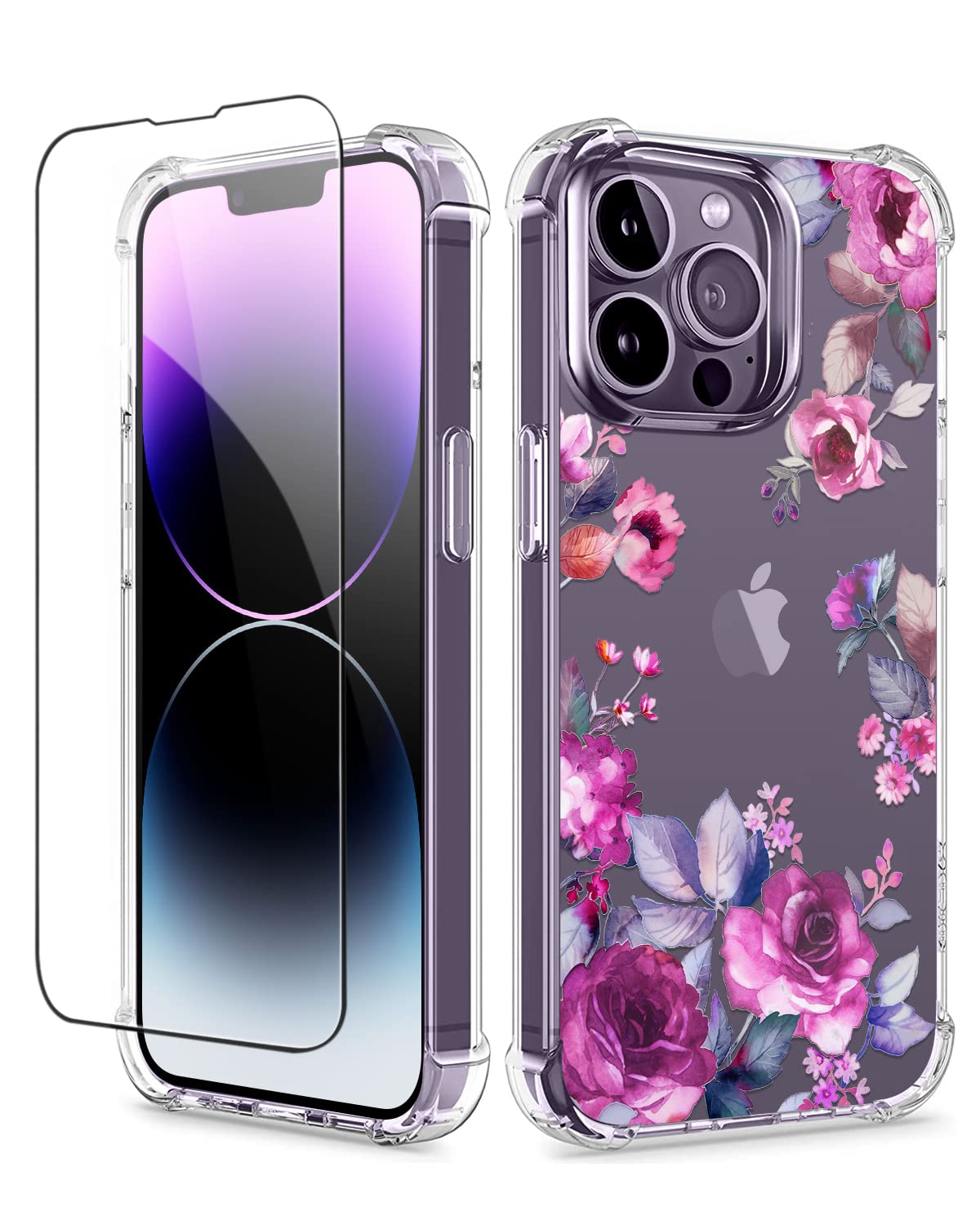 AICISINGN Compatible with iPhone 14 Pro Case 6.1 Inch with Screen Protector, Clear Floral Slim Shockproof Protective iPhone 14 Pro Phone Cover Case for Women (Violet Garden)