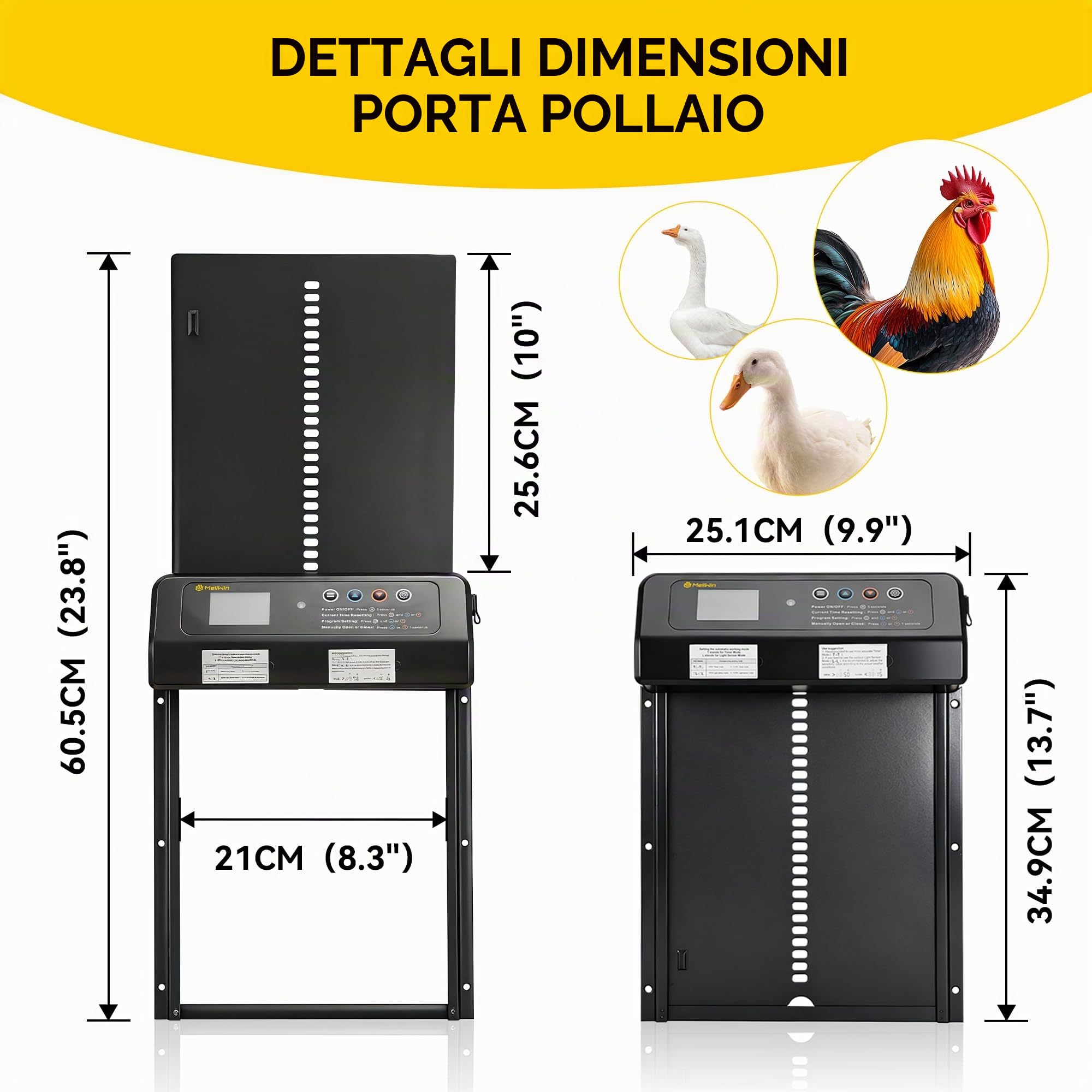 Porta per pollaio automatica solare MELLWIN con display LED, sensore di luce e timer, porta pollaio, porta automatica pollaio anti-predatori, resistente all’inverno