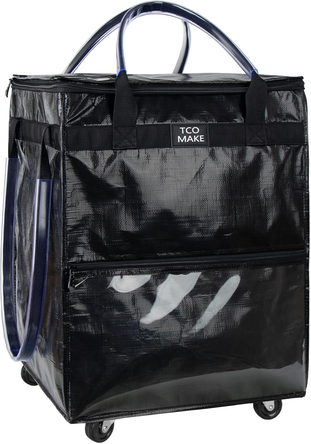 TCOMAKE Reusable Grocery Bag on Wheels, (Medium, Black) Shopping Bags with Wheels and Handle, Folding Rolling Tote, Zipper Cover, Carries Up to 46 LBS, for Laundry, Picnic