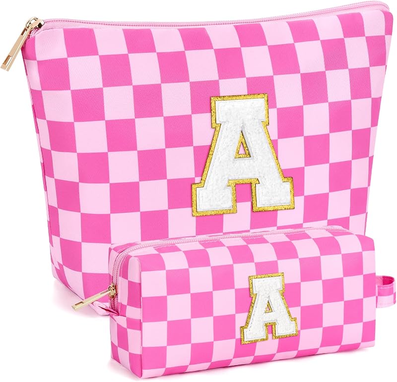mibasies 2 necessaires de maquiagem com inicial, estampa xadrez vermelho-rosa, padrão A