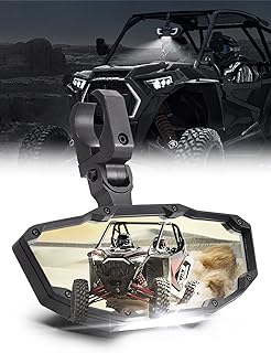 KEMIMOTO UTV Rear View Mirror with Light Built-in Rechargeable Battery, 360° Adjustable Heavy-Duty UTV Mirror Fits 1.5" -2" Roll Bar Compatible with Polaris RZR Kawasaki Mule Pioneer Talon Can Am X3