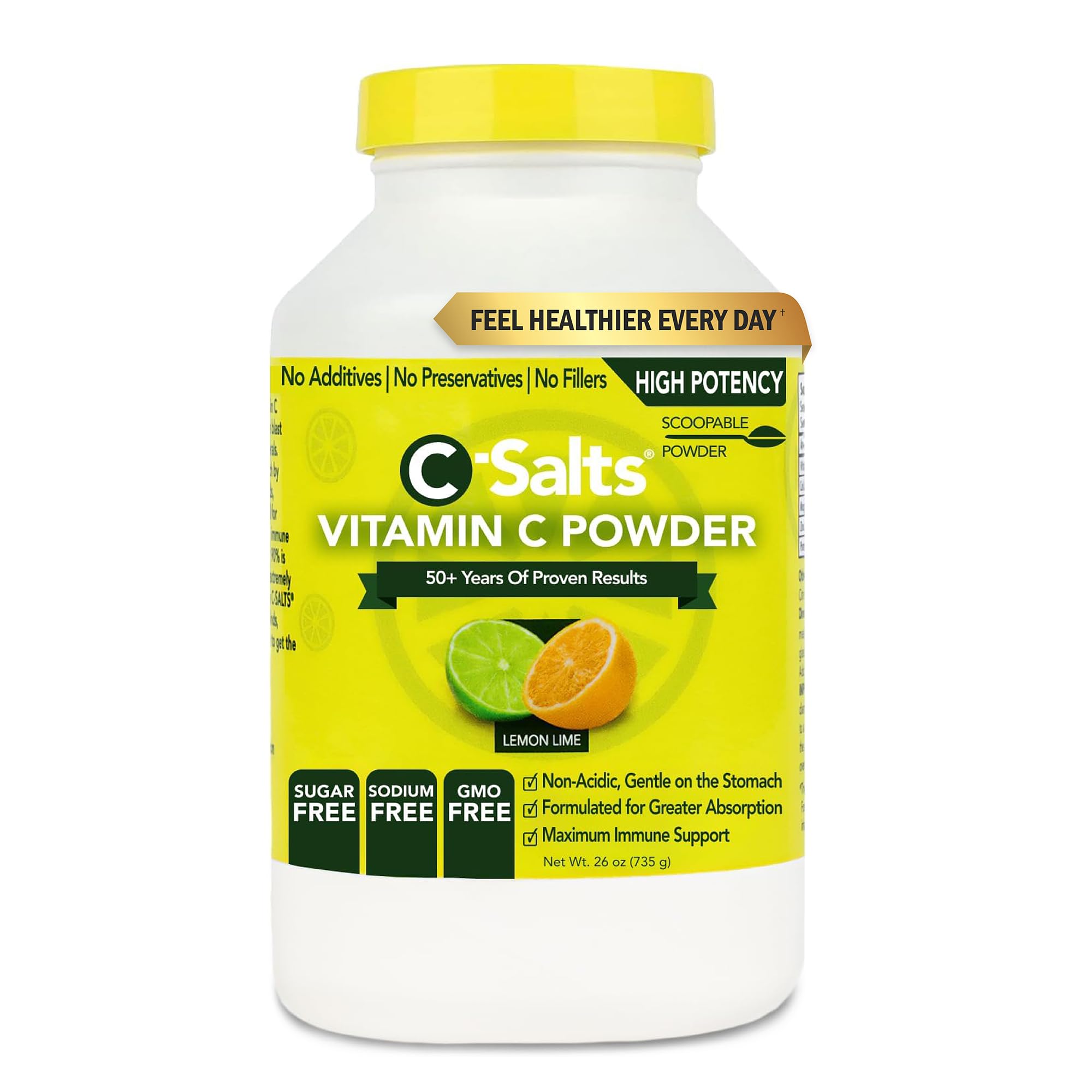 C-Salts Vitamin C Powder - 100% Pure Buffered Ascorbic Acid Powder for Immune Support - Organic, Sugar-Free, Vegan, Non-GMO, Stomach-Friendly Supplement - Lemon Lime, 26 oz