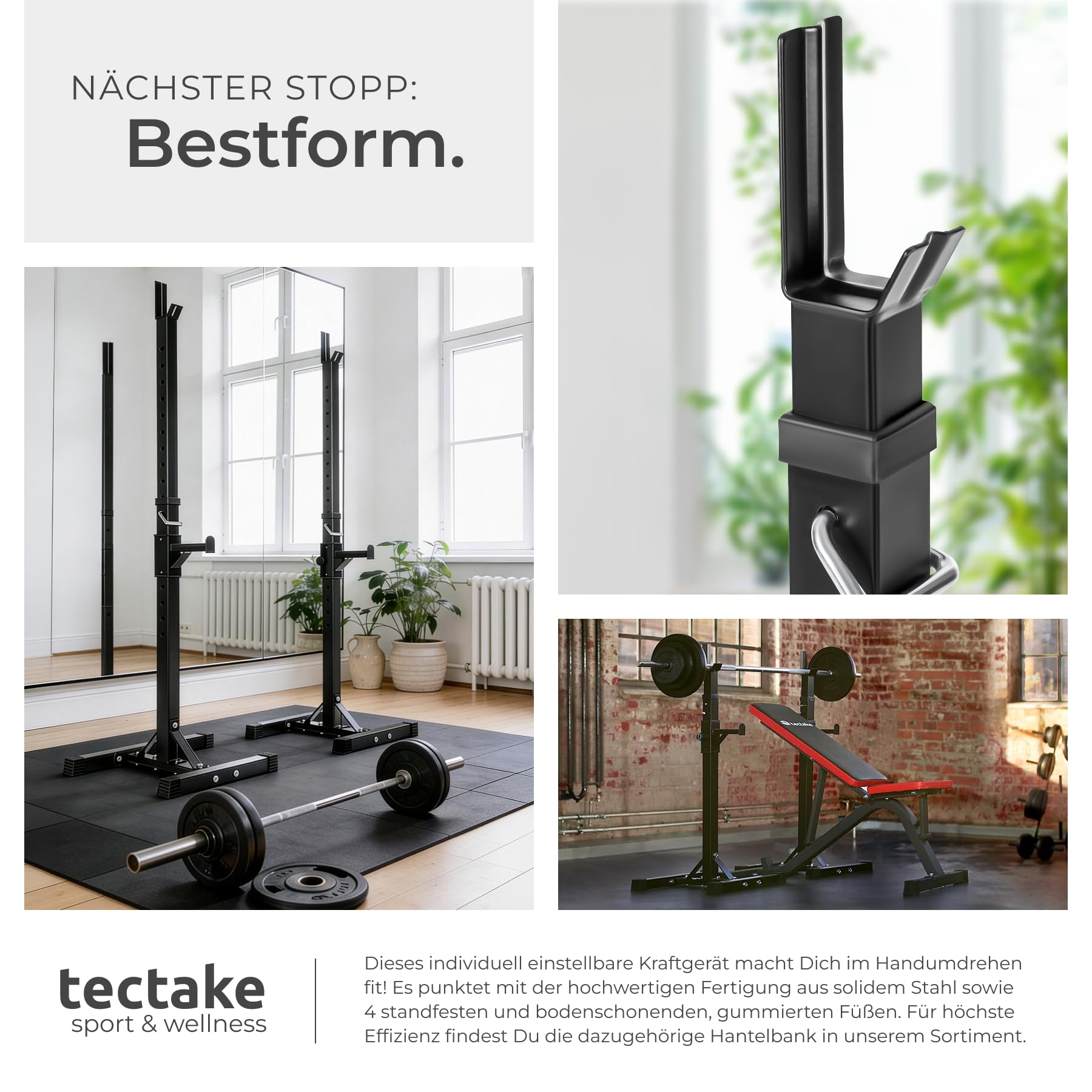 tectake® Langhantel Ablage, Hantelablage für Langhantelstange, SZ Stange, Hantelständer höhenverstellbar, Sportgeräte Zubehör für Krafttraining Zuhause, Homegym Kraftstation für Zuhause