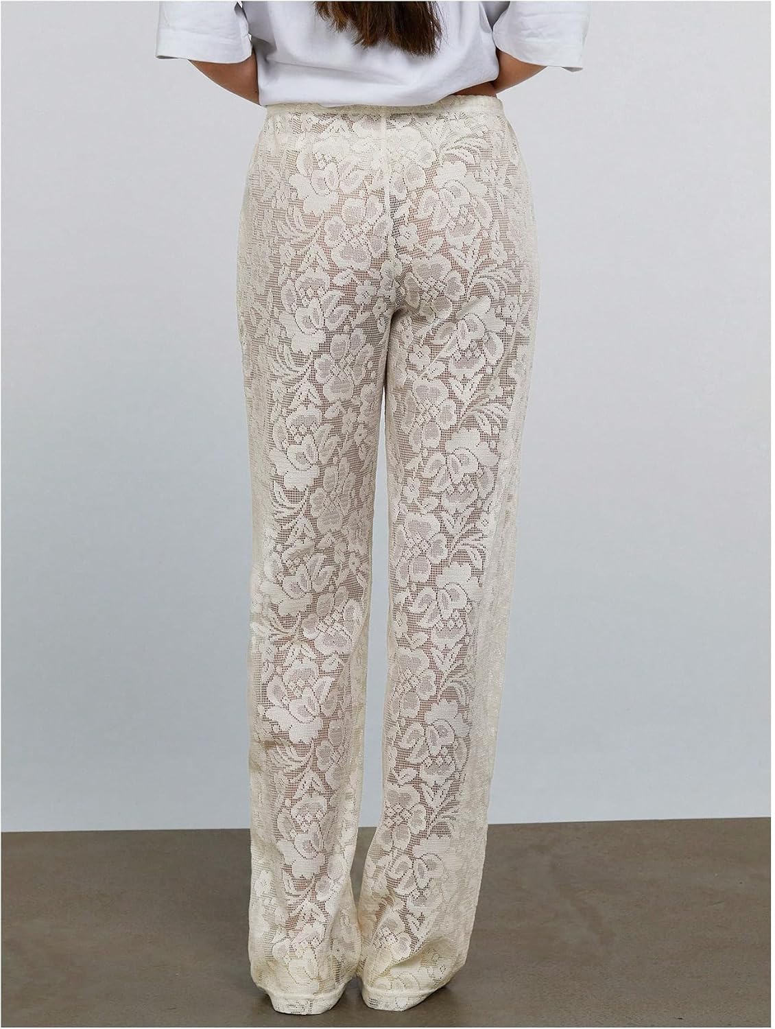 MakeMeChic Women's Sheer Lace Wide Leg Pants Low Waist Summer Beach Pants Swimsuit Coverup