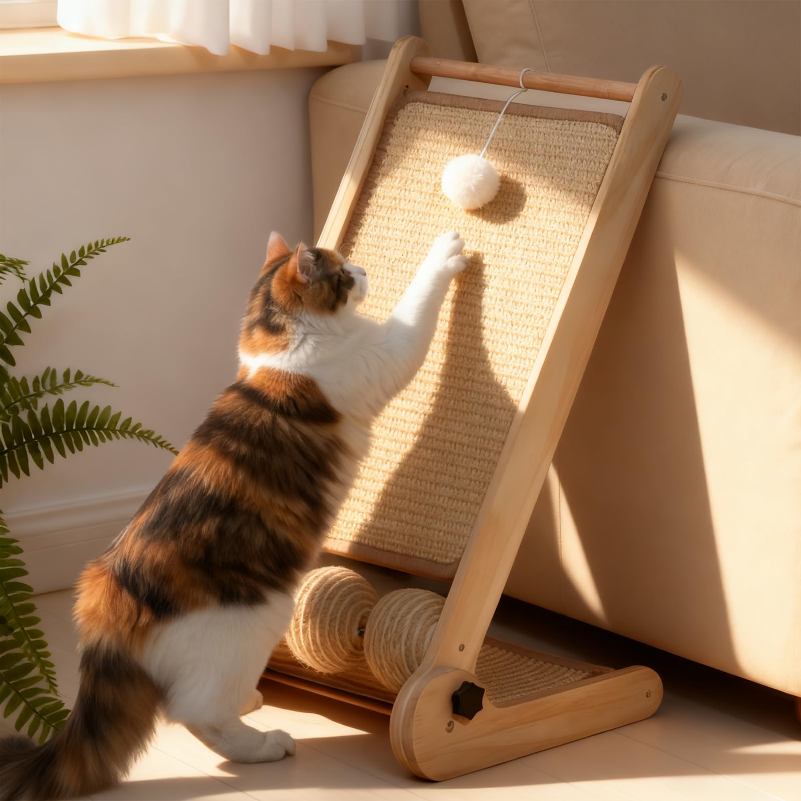 Tiragraffi gatto Tri-Use Sisal L a forma di palla alta 59 cm in sisal naturale, colonna tiragraffi gatto per tutti i gatti, per rilassarsi, proteggere mobili e divani