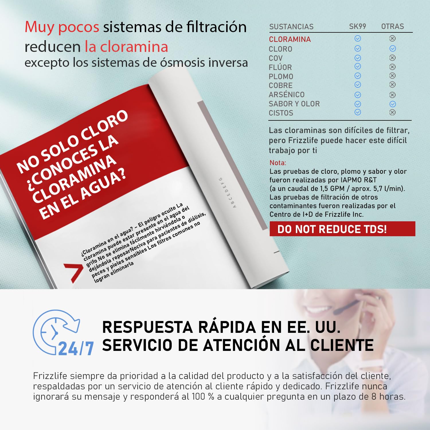 Frizzlife Sistema de filtración de agua bajo fregadero, certificado NSF/ANSI 53, 42 y 372, filtración de 0,5 micras en 8 capas, reduce cloramina, PFOA/PFOS, plomo, cloro, mal sabor y olor, SK99