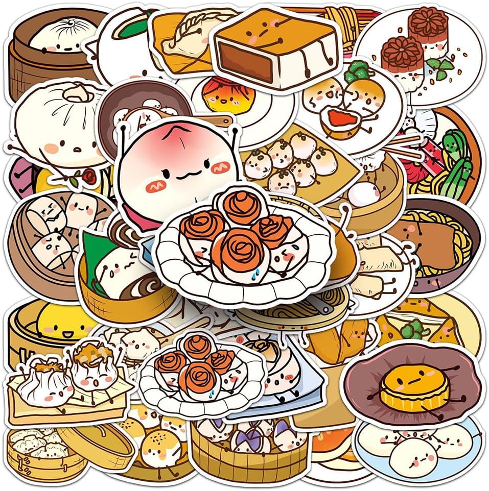 Chinese Food Stickers-50Pcs Chinese Noodles Buns Dumplings Waterproof Vinyl Decals for Adult Teen Kids Cup Water Bottles Laptop Luggage Computer Mobile Phone Guitar Skateboard Decoration