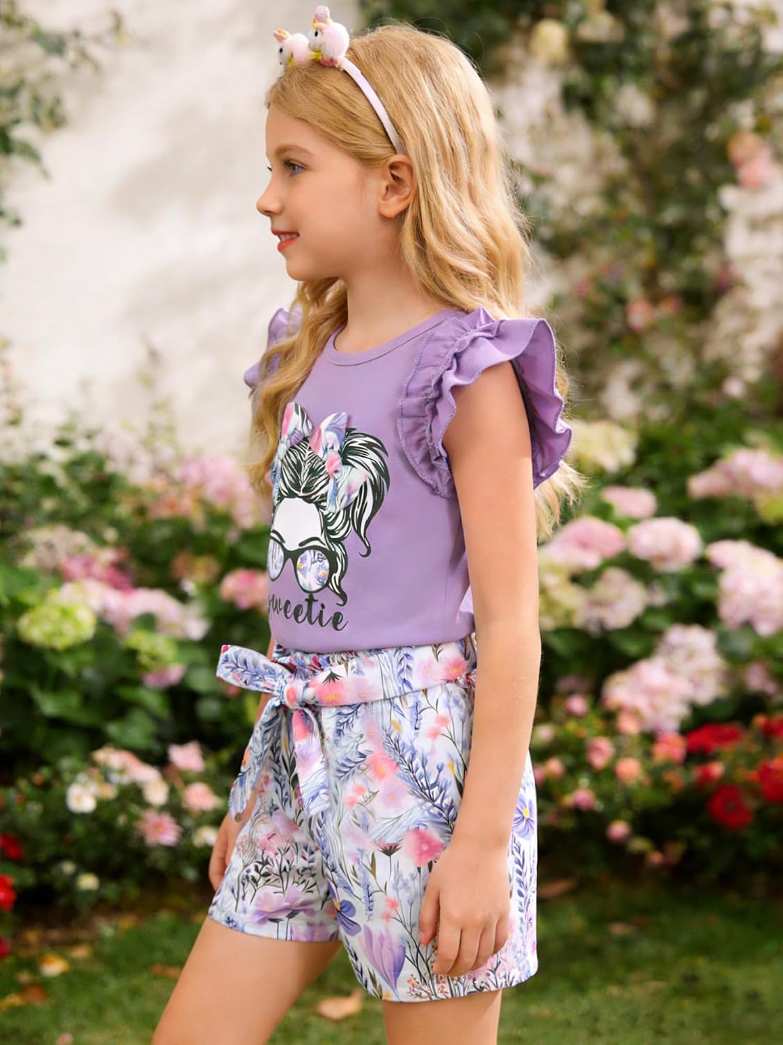 AMAWMW Girls Summer Clothes 2 Piece Outfit Ruffle Sleeve Shirt Top Paperbag Waist Shorts with Pockets Kids Clothing Set 4-12Y