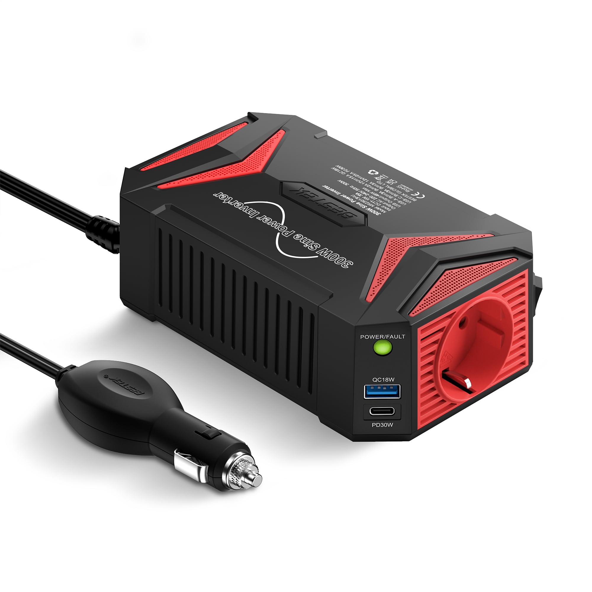 BESTEK Convertisseur 12v 220v Pur Sinus 300w Convertisseur Sinusoïdale pour Voiture Vacance Onduleur Pure 12v avec 2 Port Charge Rapide（PD30W&QC18W） Prise Européenn Transformateur de Tension