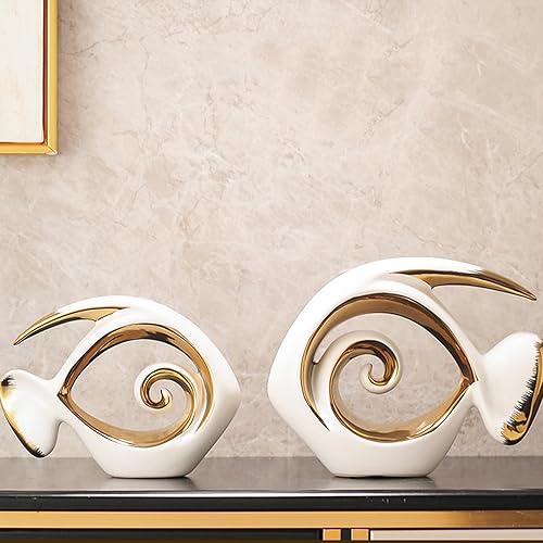 Vista 4 de Figuras de peces de cerámica de oro blanco, estatua de peces de arte abstracto moderno, decoración costera del hogar, esculturas modernas