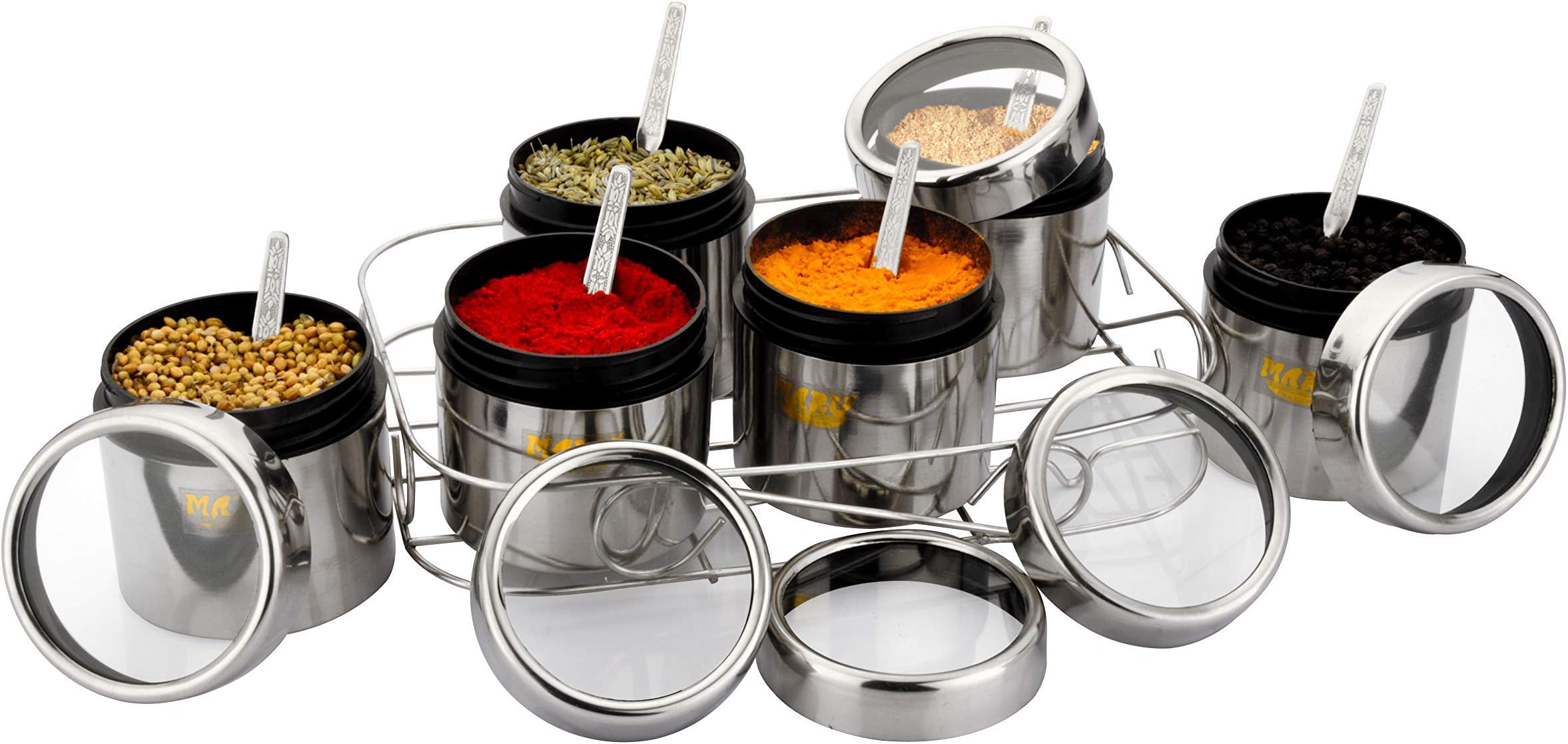 MARU Stainless Steel Masala Container for Kitchen, Multipurpose Organizer with Wire Stand & 6 Spoon Set, Spice Storage box, Durable Kitchen Storage Solutions for Spices and Essentials 350ml each