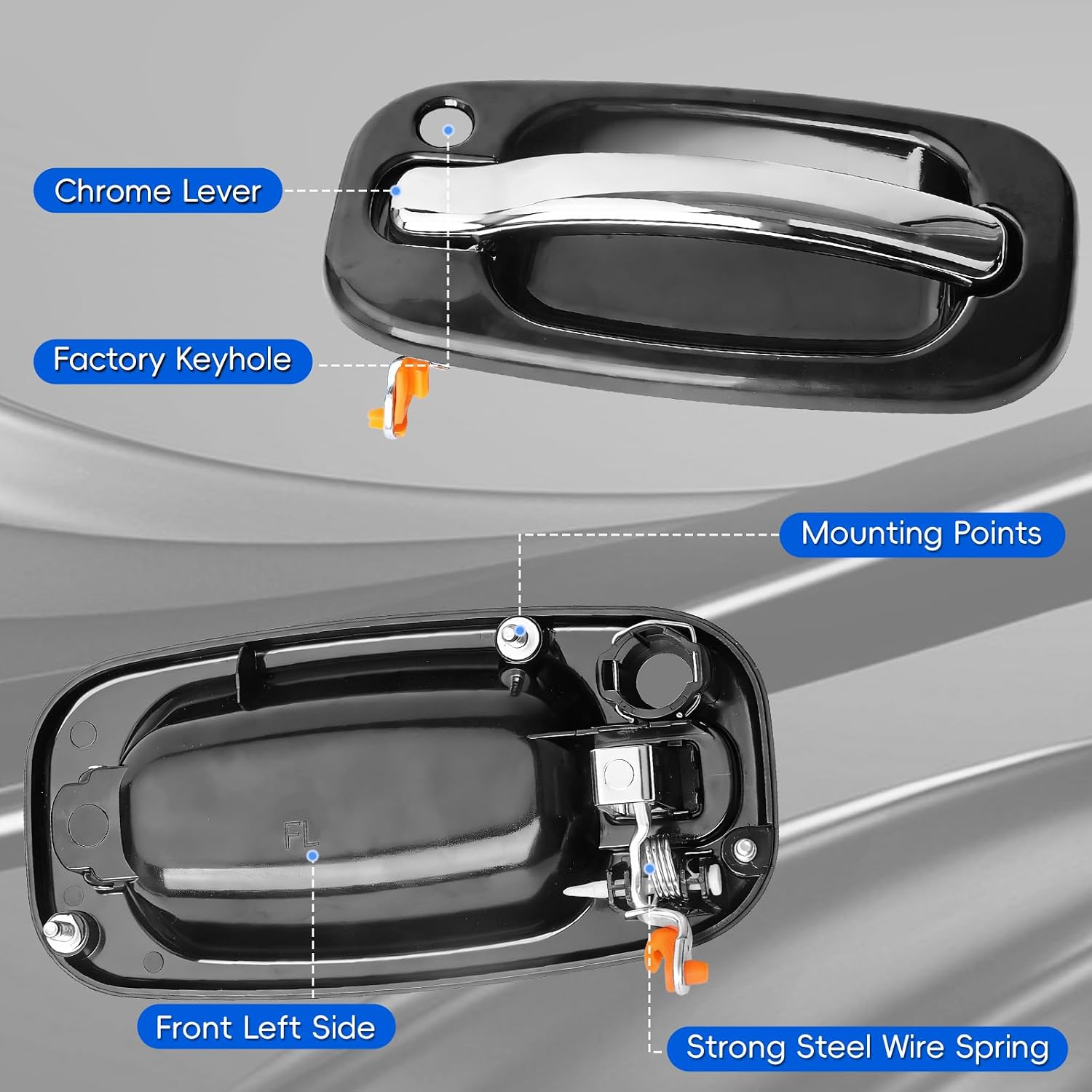 Exterior Door Handle Set | Chrome Lever Front & Rear Left & Right Side | Compatible with 1999-2007 Chevy Avalanche Silverado Suburban Tahoe, GMC Sierra Yukon, Escalade | OE #15034985, 15721571