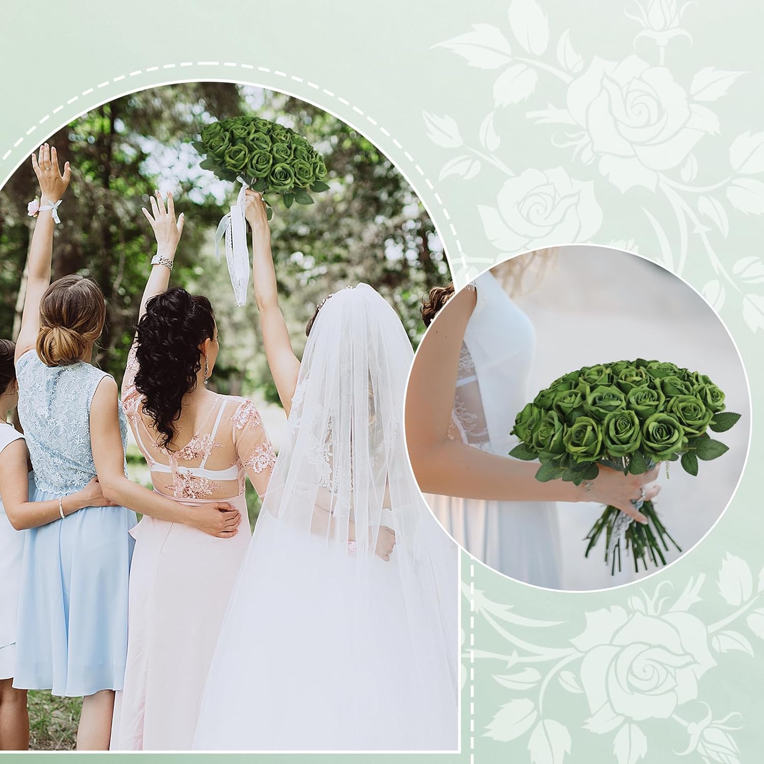 30pcs Fake Roses Artificial Silk Flowers Long Stems Bouquet for Wedding Bridal Shower Party Home Decoration (Green) - Image 6