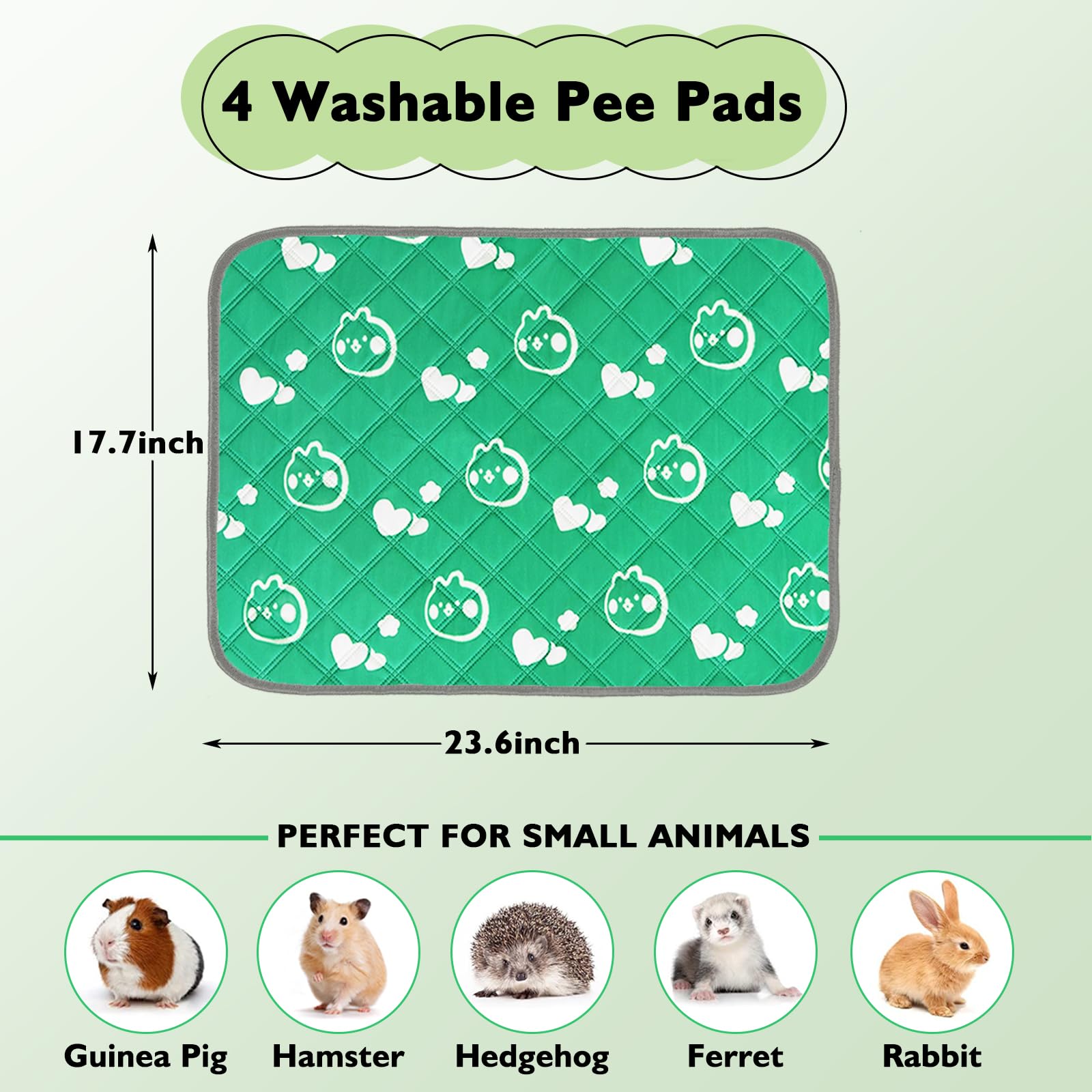 Lot de 4 tapis lavables pour cage de cochon d'Inde, imperméables, réutilisables et antidérapants, super absorbants pour petits animaux, lapin, hamster, rat (vert, 61 x 45,7 cm)