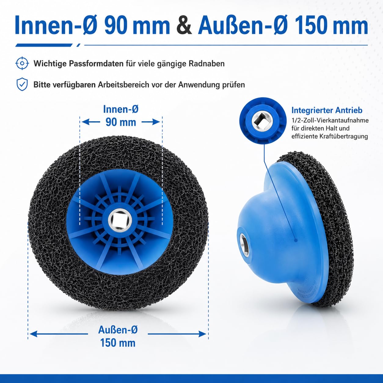 Radnabenschleifer Set 4-teilig, Radnabenreiniger KFZ Innen-Ø 90mm Außen-Ø 150mm mit 2 Schleifscheiben, 1/4 Zoll Sechskant-Adapter, Reinigungsteller für Felgenwechsel Rostentfernung, KFZ Werkstatt