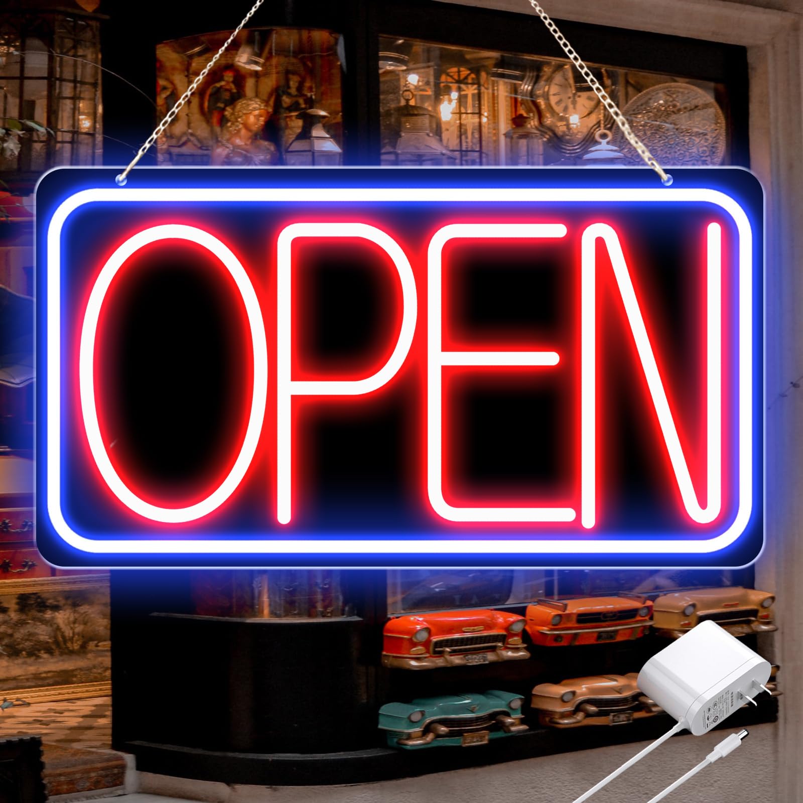 Photo 1 of 16.5" X 9" Led Neon Open Signs for Business Ultra Bright Plug In Electric Light Up Open Signs with ON/OFF Switch and 12V/2A AC Adapter for Storefront Window Bar Salon Coffee Stores (Blue/Red-Black Backplate)