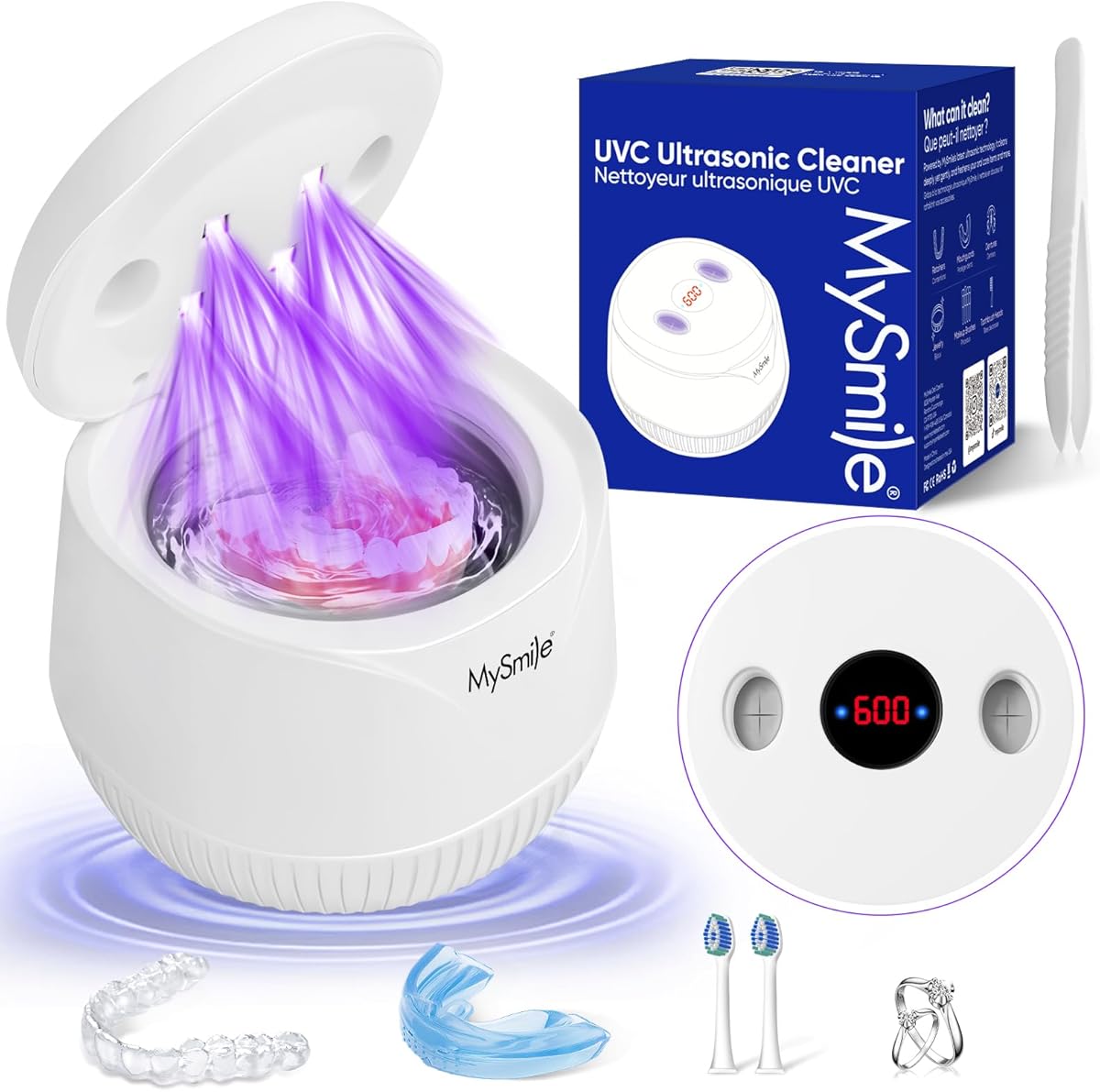 MySmile Ultrasonic Retainer Cleaner –45kHz Denture Cleaner Machine with 200ML Capacity for Aligner, Mouth Guard, Braces, Portable Dental Cleaning Pod with 2 Mode Digital Timer for Home, Travel (White)
