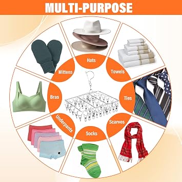 4 Pack Stainless Steel Sock Drying Rack with 160 Clips, 360 Rotatable Windproof Hook Hanger Rack for Underwear, Bras, Socks, Towels and Laundry Accessories, Silver