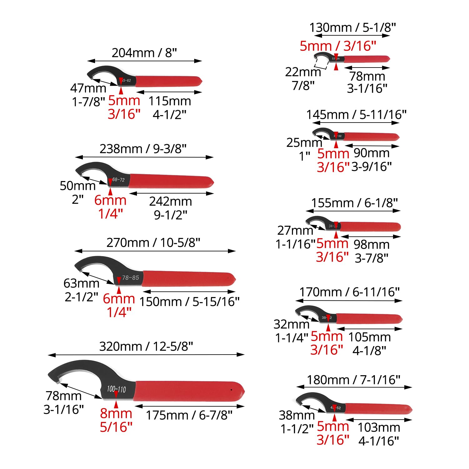 QWORK Lot de 9 clés à molette universelles de 22 à 110 mm pour moto avec pochette enroulable